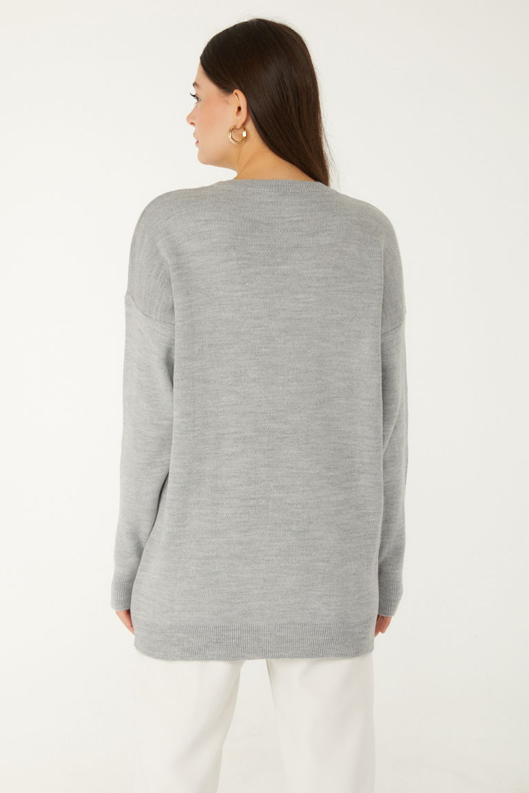 Kalpli Nakışlı Triko Kazak - 27733-GRI - TOFİSA