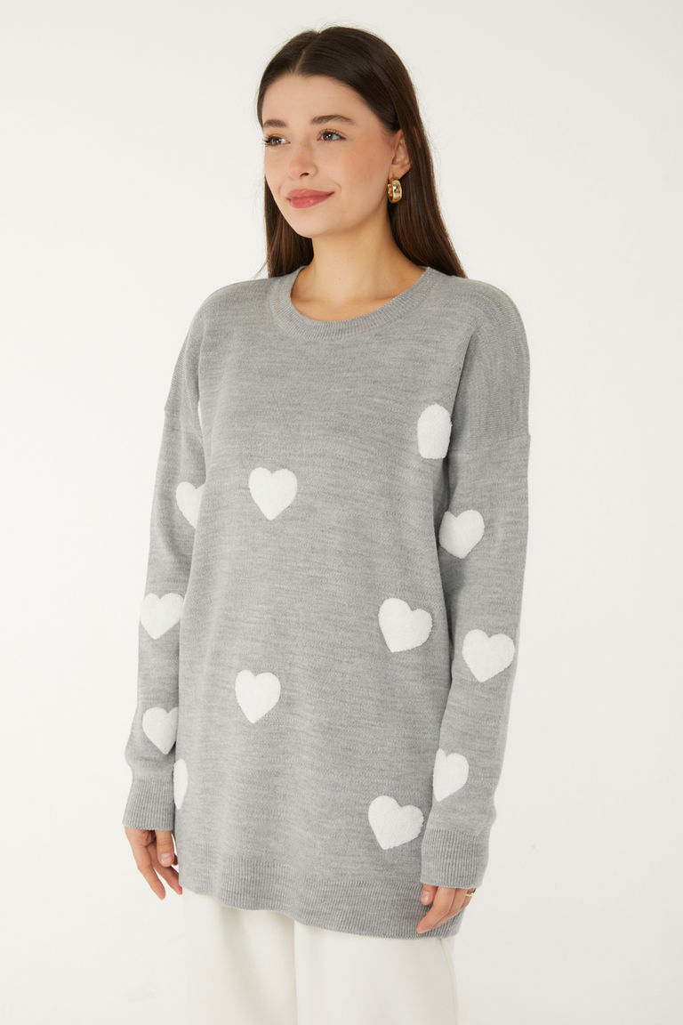 Kalpli Nakışlı Triko Kazak - 27733-GRI - TOFİSA