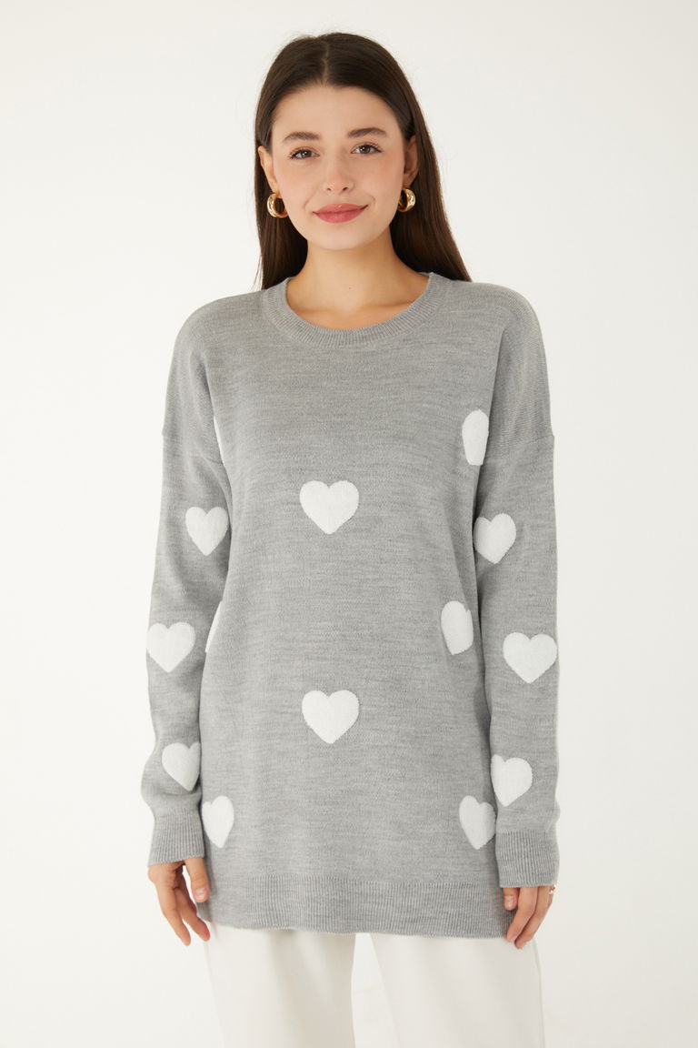 Kalpli Nakışlı Triko Kazak - 27733-GRI - TOFİSA