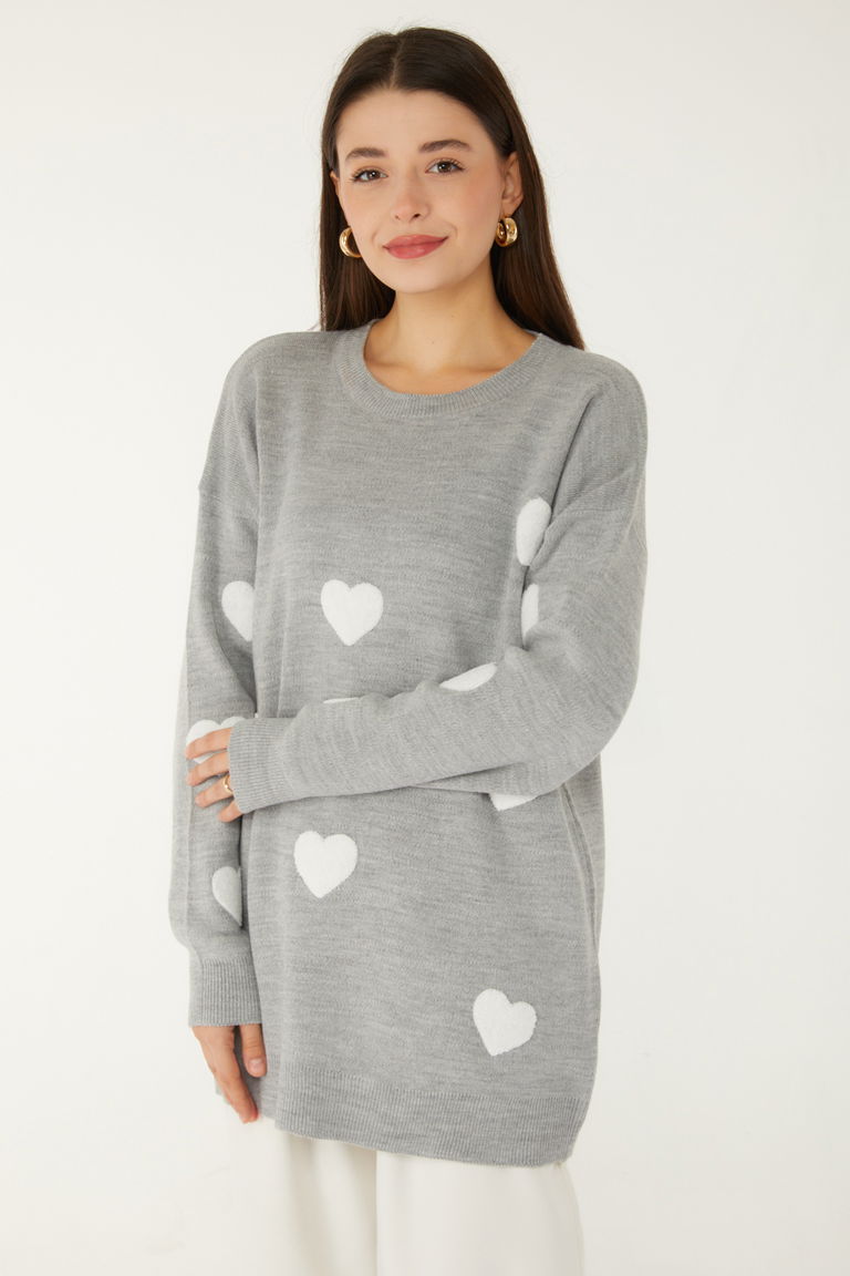 Kalpli Nakışlı Triko Kazak - 27733-GRI - TOFİSA