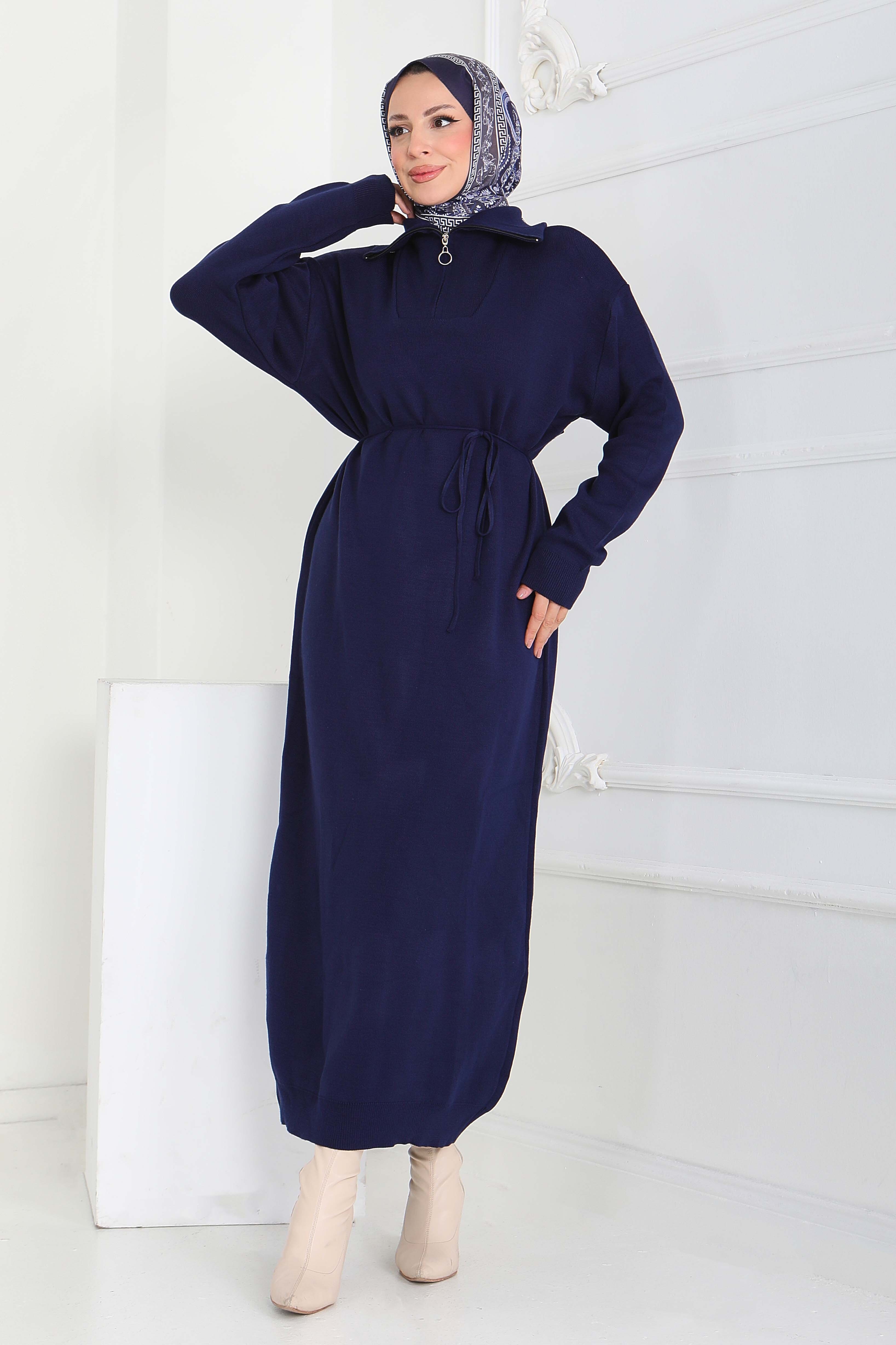 Kamyoncu Yaka Triko Elbise - 27937-LACIVERT - 1