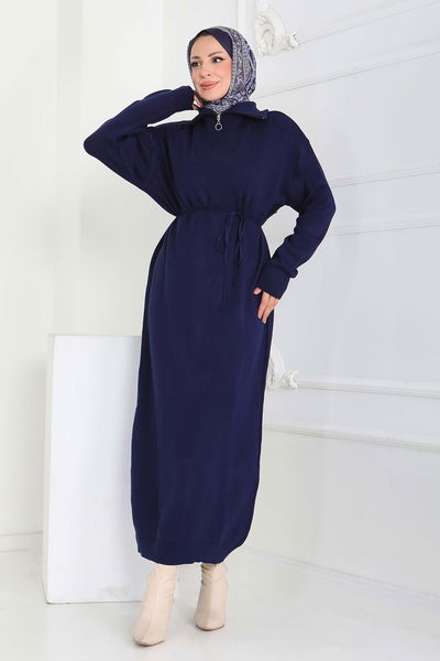 Kamyoncu Yaka Triko Elbise - 27937-LACIVERT 