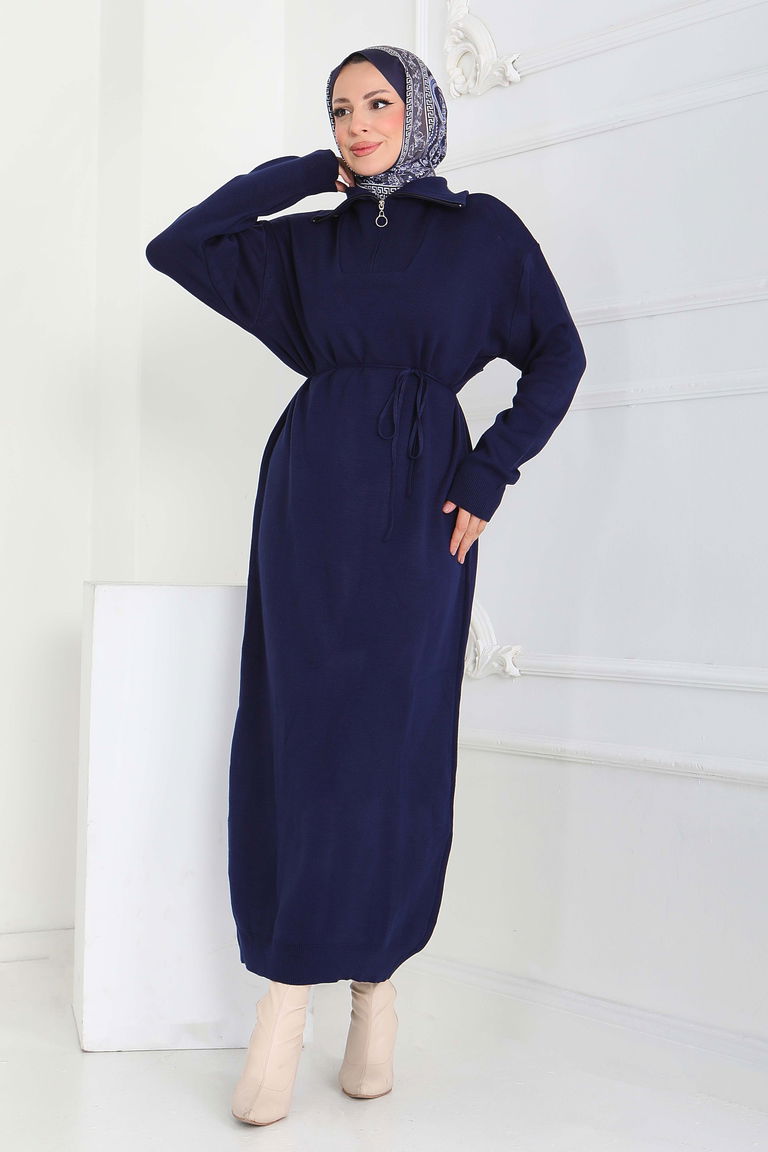 Kamyoncu Yaka Triko Elbise - 27937-LACIVERT - TOFİSA