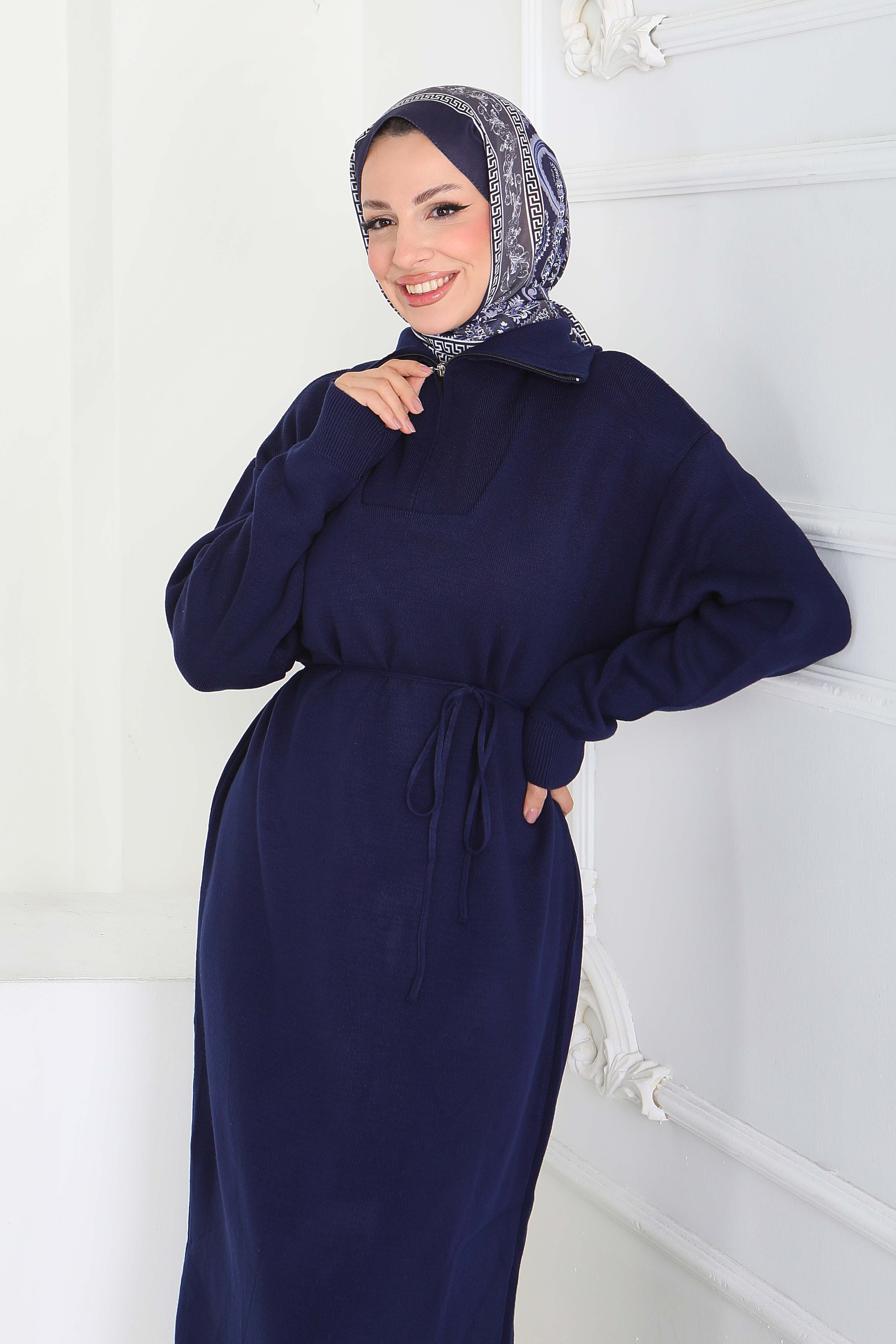 Kamyoncu Yaka Triko Elbise - 27937-LACIVERT - 2