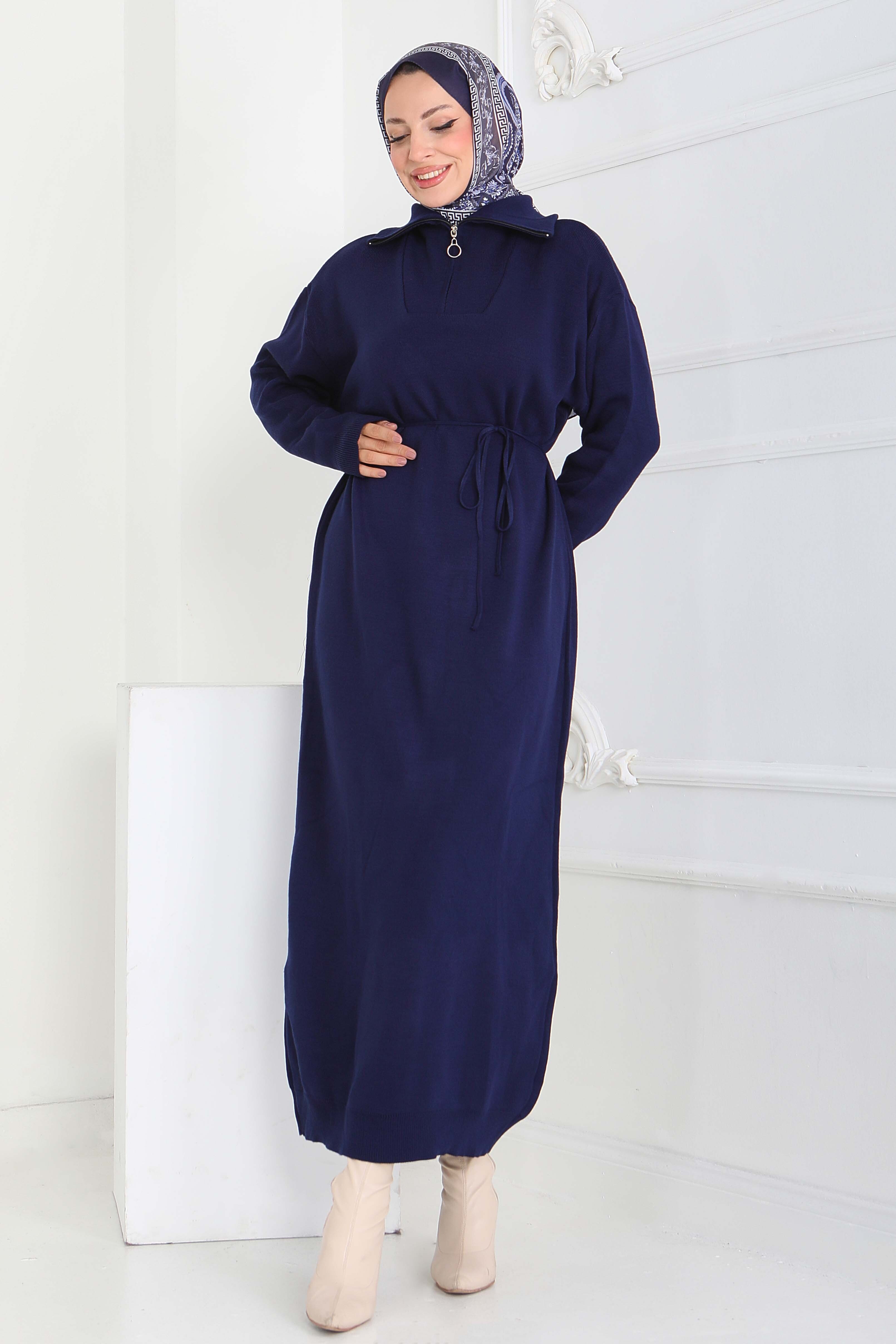 Kamyoncu Yaka Triko Elbise - 27937-LACIVERT - 3