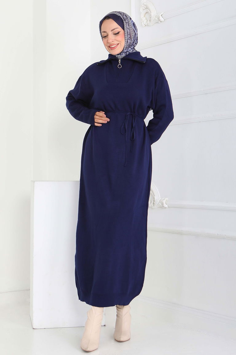 Kamyoncu Yaka Triko Elbise - 27937-LACIVERT - TOFİSA