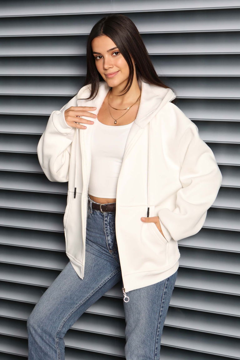 Kanguru Cepli Fermuarlı Şardonlu Üç İplik Sweat - 27802-BEYAZ - TOFİSA