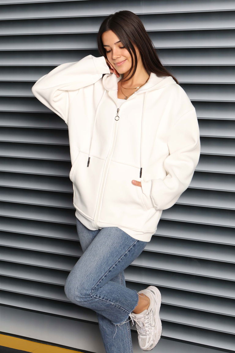 Kanguru Cepli Fermuarlı Şardonlu Üç İplik Sweat - 27802-BEYAZ - TOFİSA