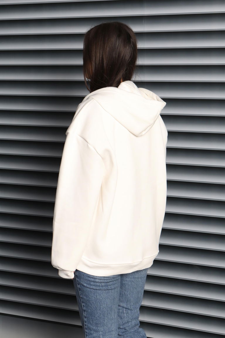 Kanguru Cepli Fermuarlı Şardonlu Üç İplik Sweat - 27802-BEYAZ - TOFİSA