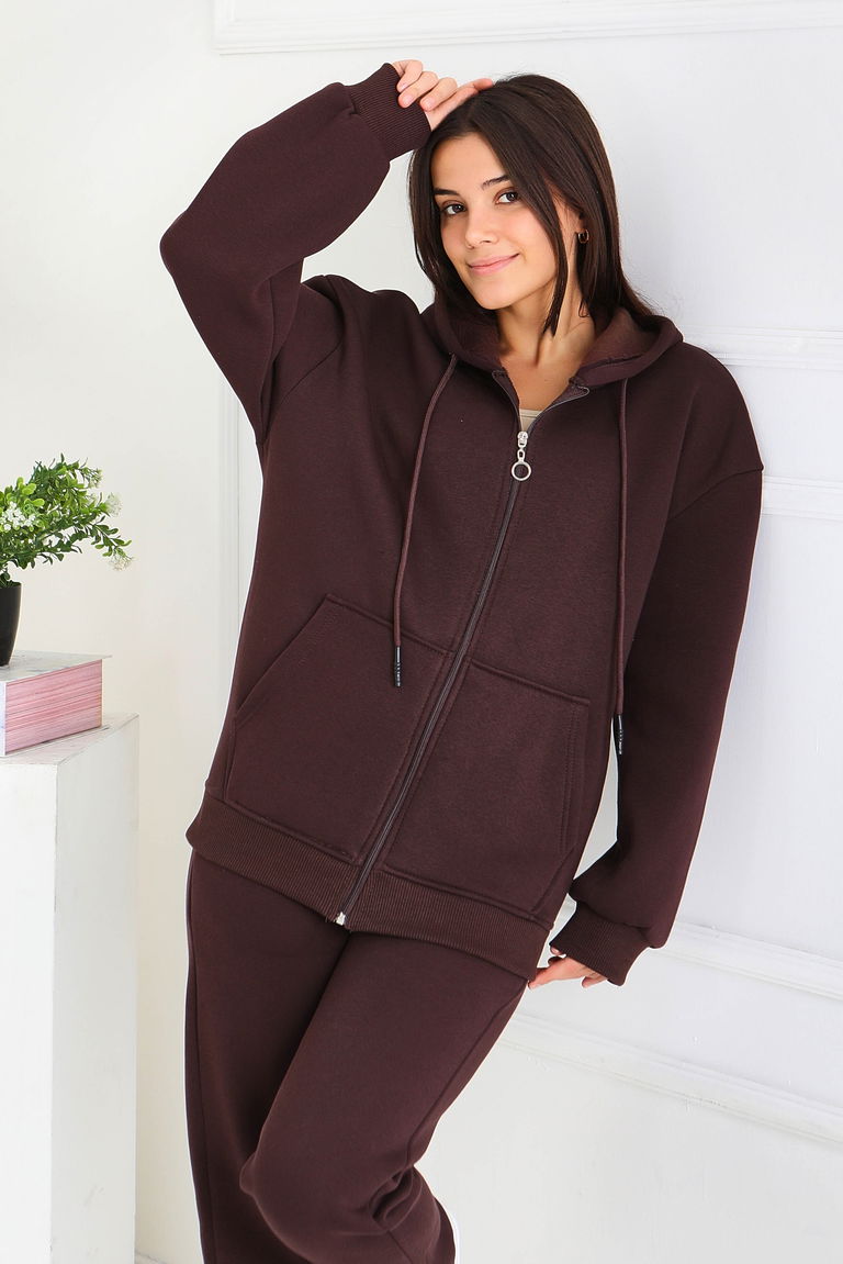 Kanguru Cepli Fermuarlı Şardonlu Üç İplik Sweat - 27802-KAHVE - TOFİSA