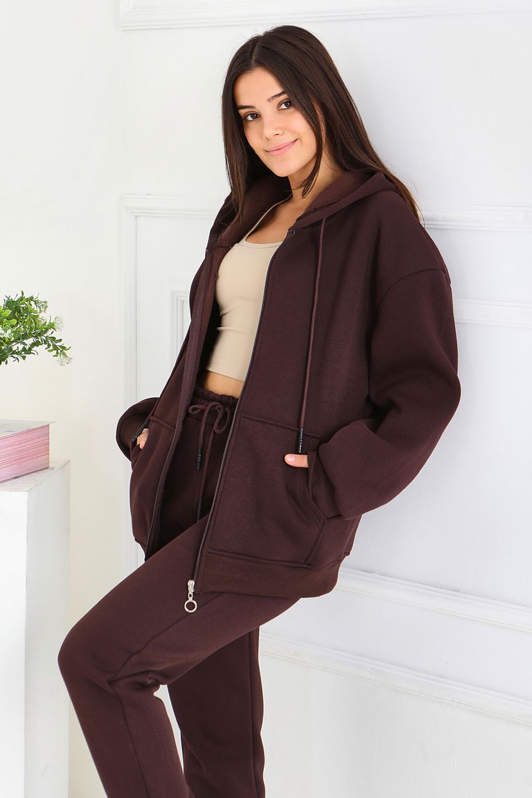 Kanguru Cepli Fermuarlı Şardonlu Üç İplik Sweat - 27802-KAHVE - TOFİSA