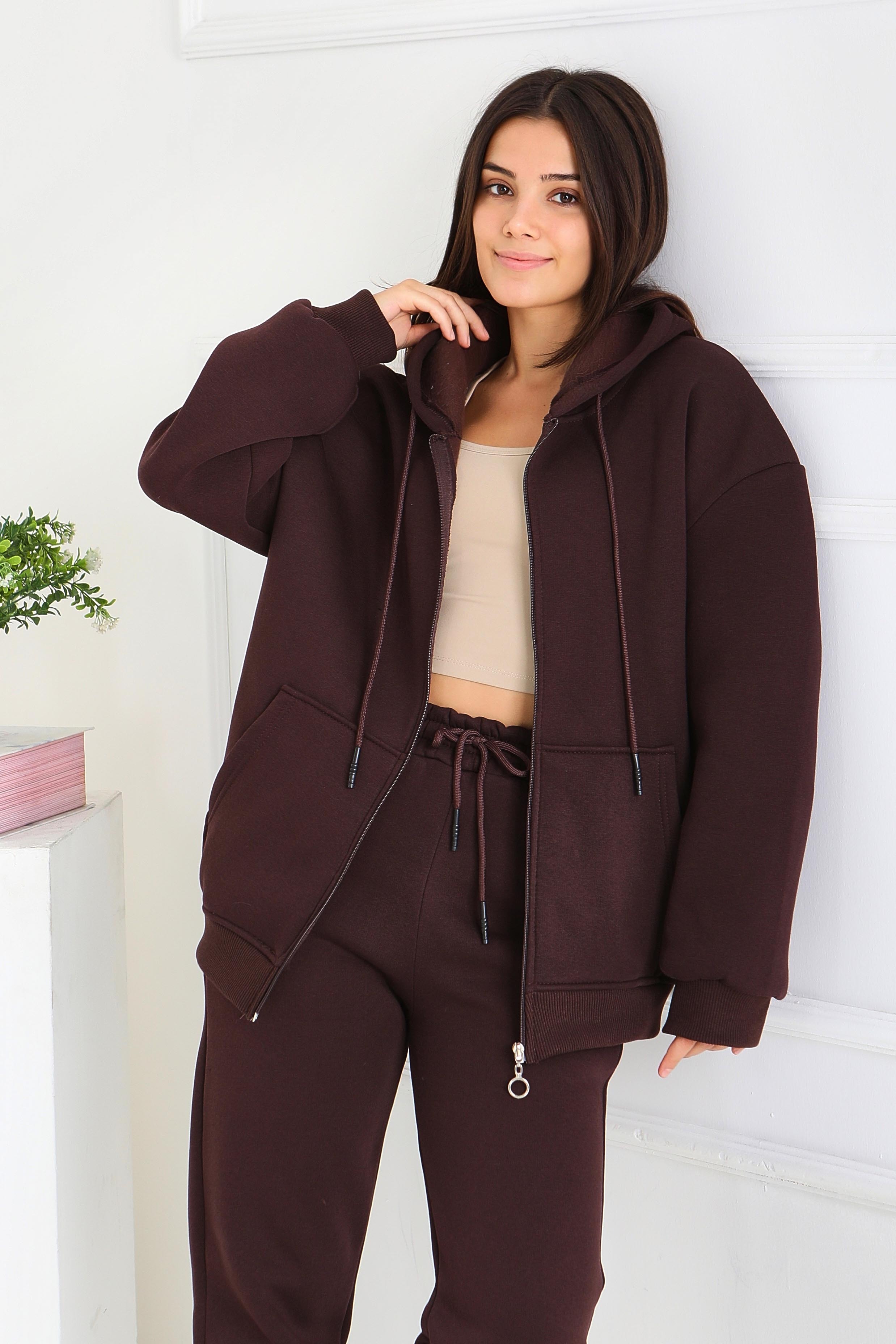 Kanguru Cepli Fermuarlı Şardonlu Üç İplik Sweat - 27802-KAHVE - 3