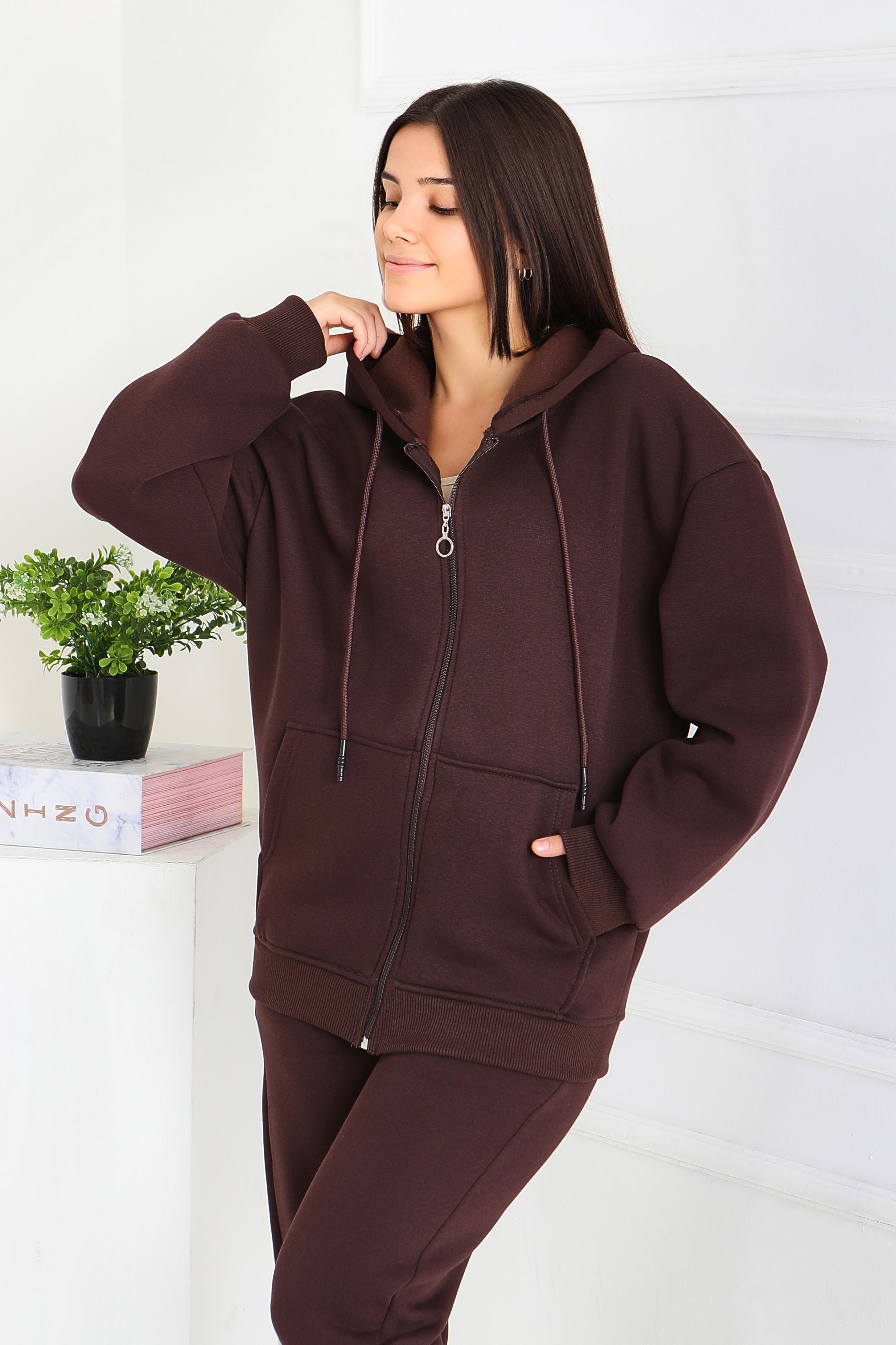 Kanguru Cepli Fermuarlı Şardonlu Üç İplik Sweat - 27802-KAHVE - 4