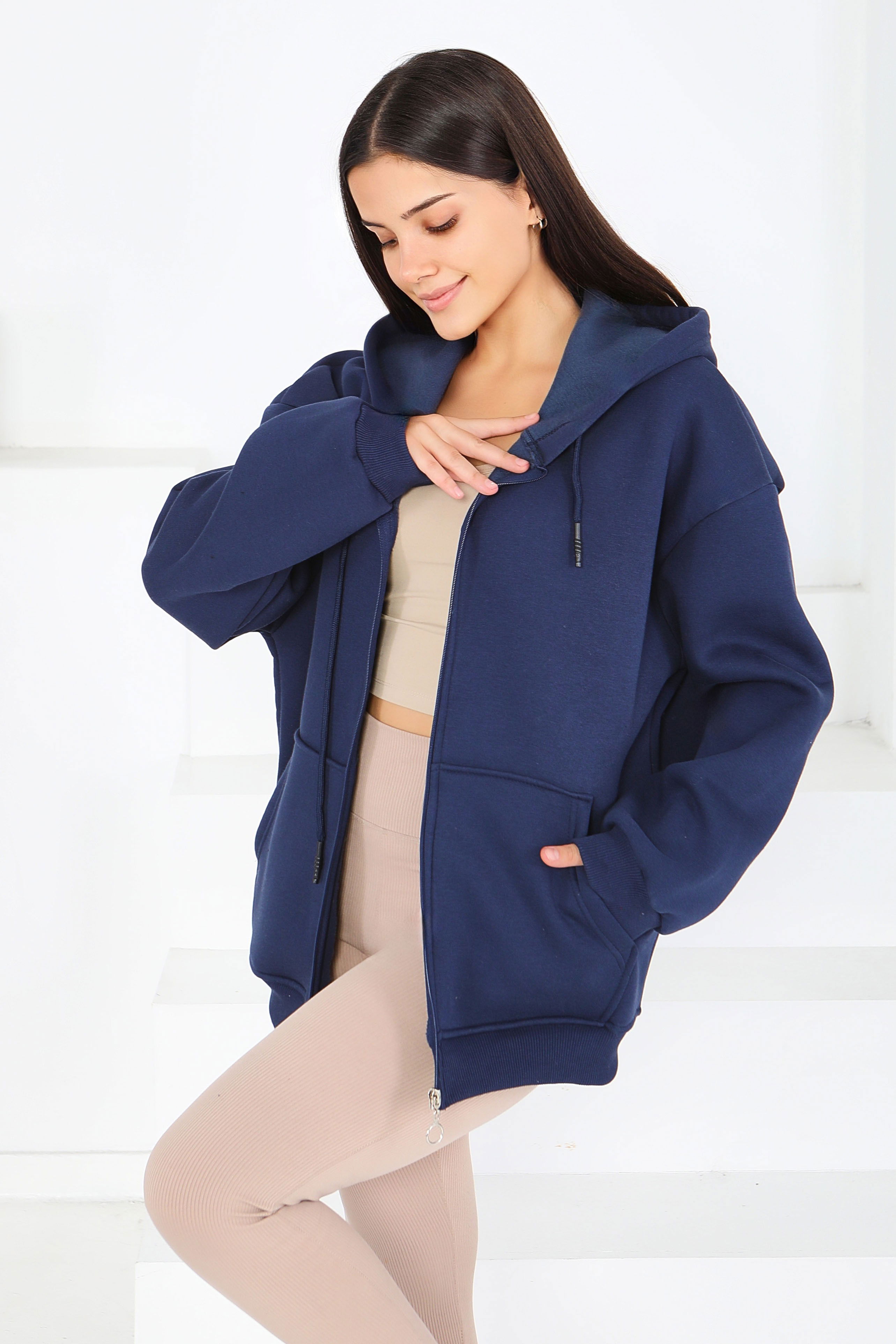 Kanguru Cepli Fermuarlı Şardonlu Üç İplik Sweat - 27802-LACIVERT - 2