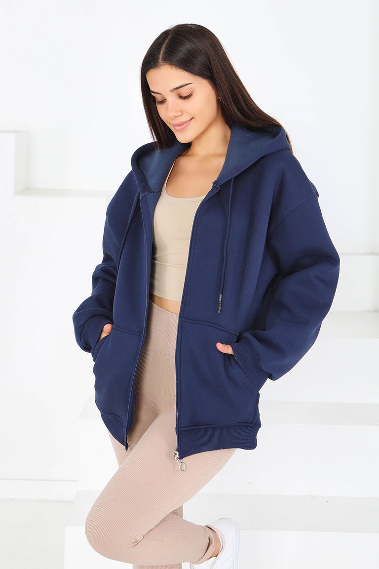 Kanguru Cepli Fermuarlı Şardonlu Üç İplik Sweat - 27802-LACIVERT - TOFİSA