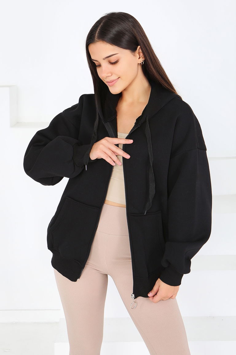 Kanguru Cepli Fermuarlı Şardonlu Üç İplik Sweat - 27802-SIYAH - TOFİSA