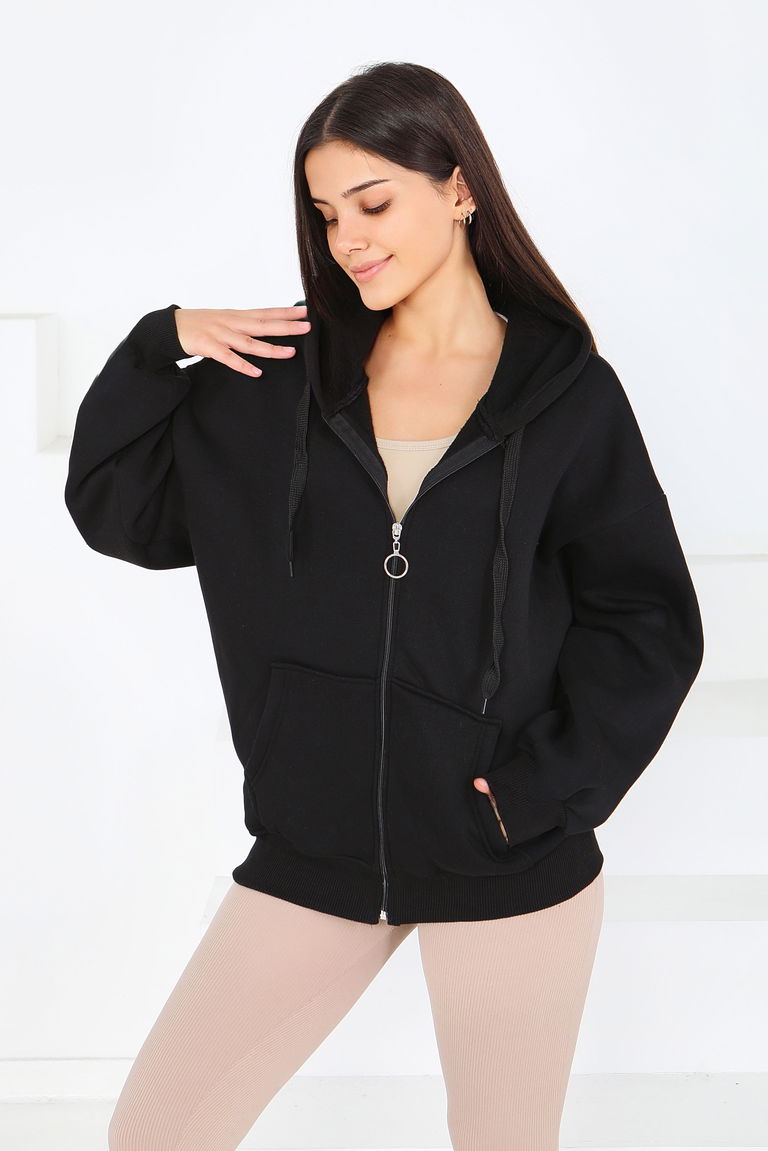 Kanguru Cepli Fermuarlı Şardonlu Üç İplik Sweat - 27802-SIYAH - TOFİSA