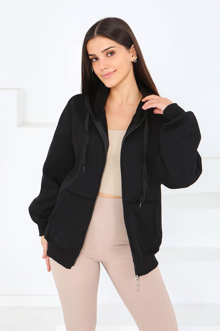 Kanguru Cepli Fermuarlı Şardonlu Üç İplik Sweat - 27802-SIYAH - TOFİSA