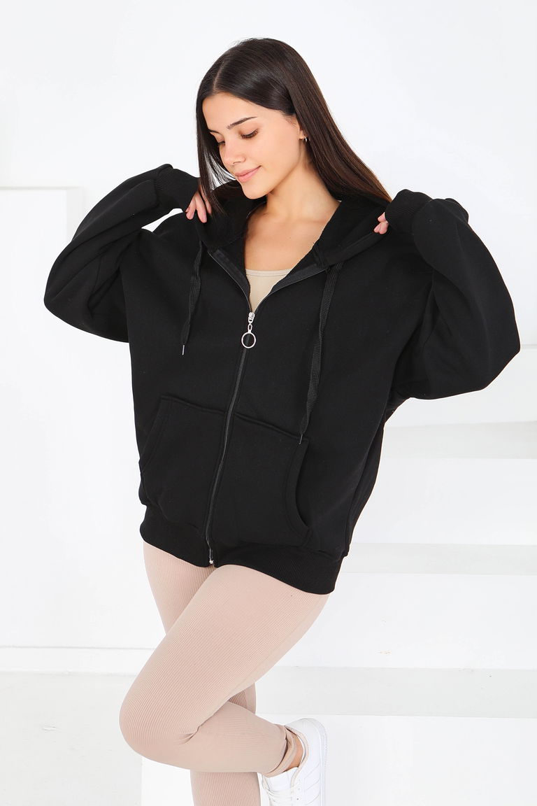 Kanguru Cepli Fermuarlı Şardonlu Üç İplik Sweat - 27802-SIYAH - TOFİSA