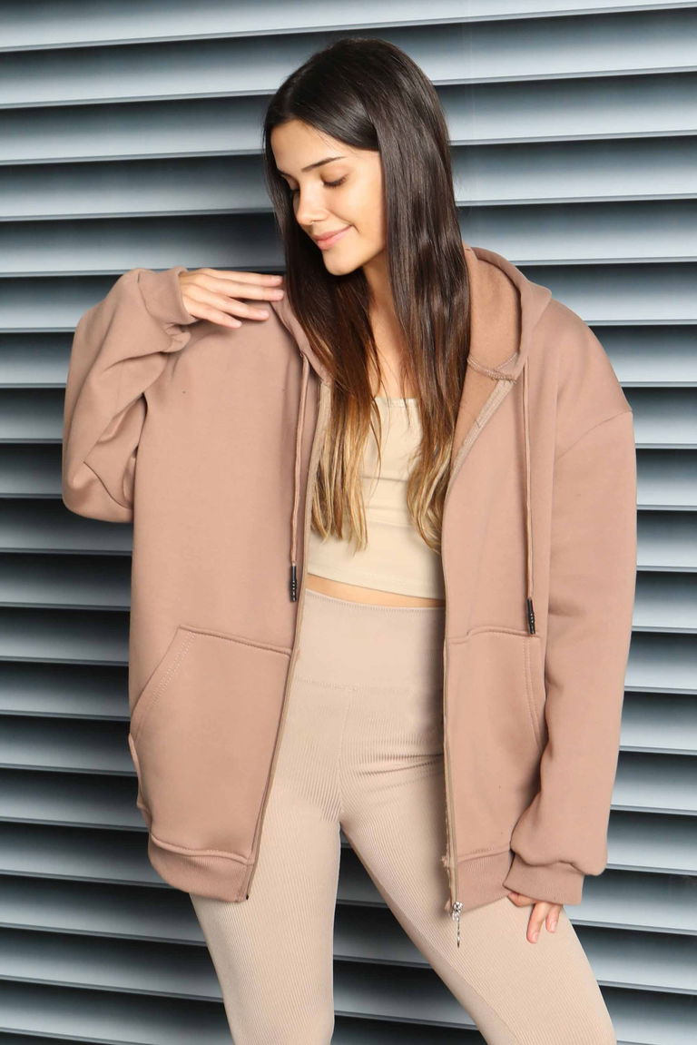 Kanguru Cepli Fermuarlı Şardonlu Üç İplik Sweat - 27802-VIZON - TOFİSA