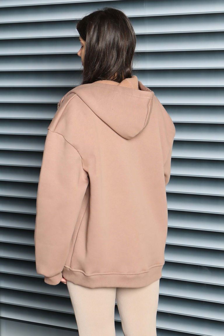 Kanguru Cepli Fermuarlı Şardonlu Üç İplik Sweat - 27802-VIZON - TOFİSA