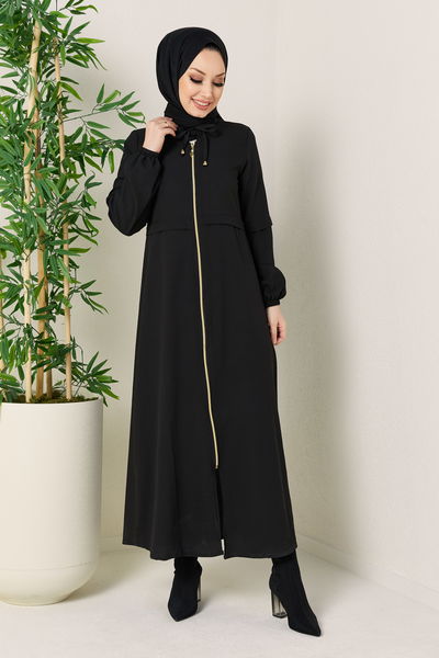 Ferace Sıyah - 3659 Boydan Fermuarlı Ferace 