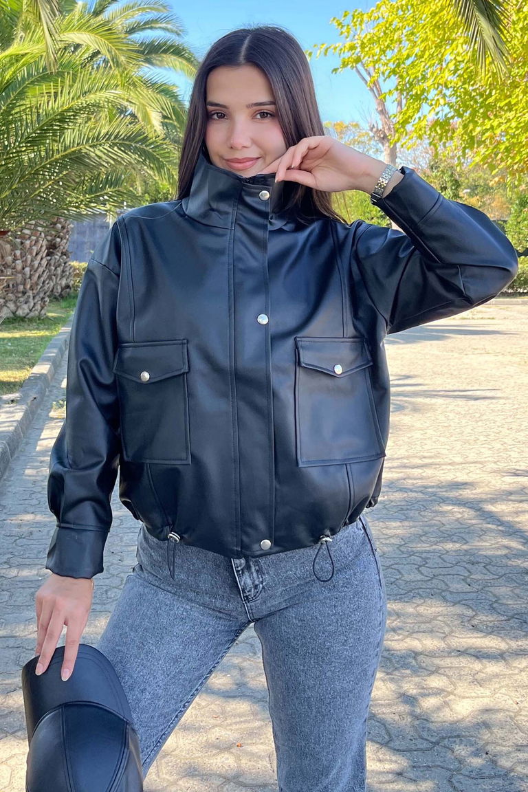 Kapak Cepli Deri Ceket - 27811-SIYAH - TOFİSA