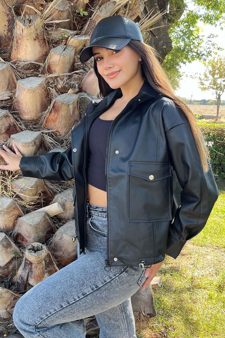 Kapak Cepli Deri Ceket - 27811-SIYAH - TOFİSA