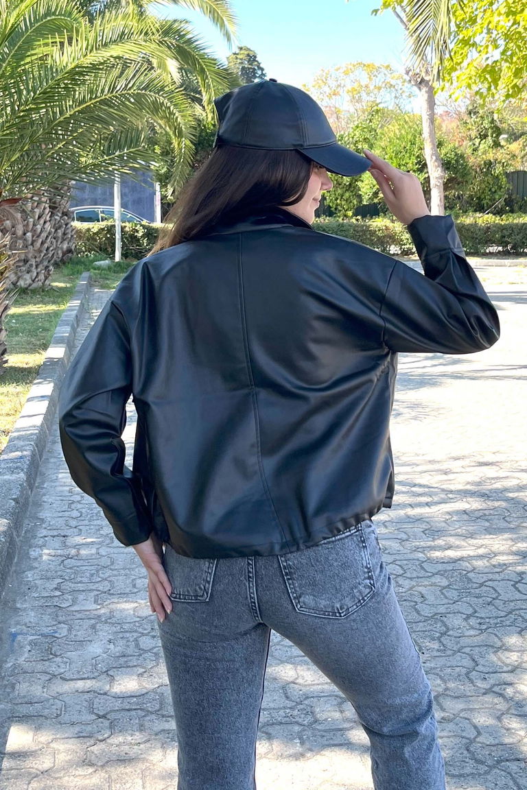 Kapak Cepli Deri Ceket - 27811-SIYAH - TOFİSA