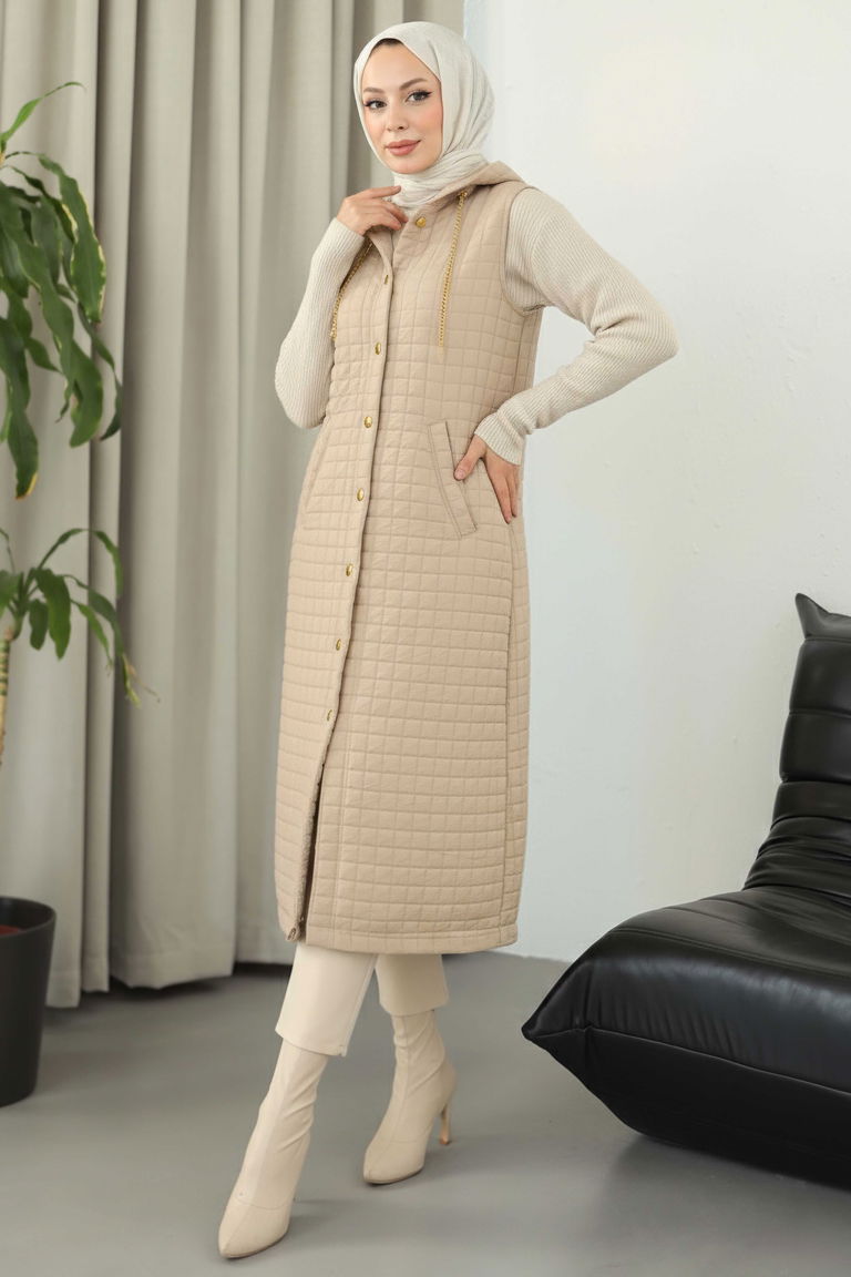 Kapitone Zincirli Yelek - 28145-KREM - TOFİSA