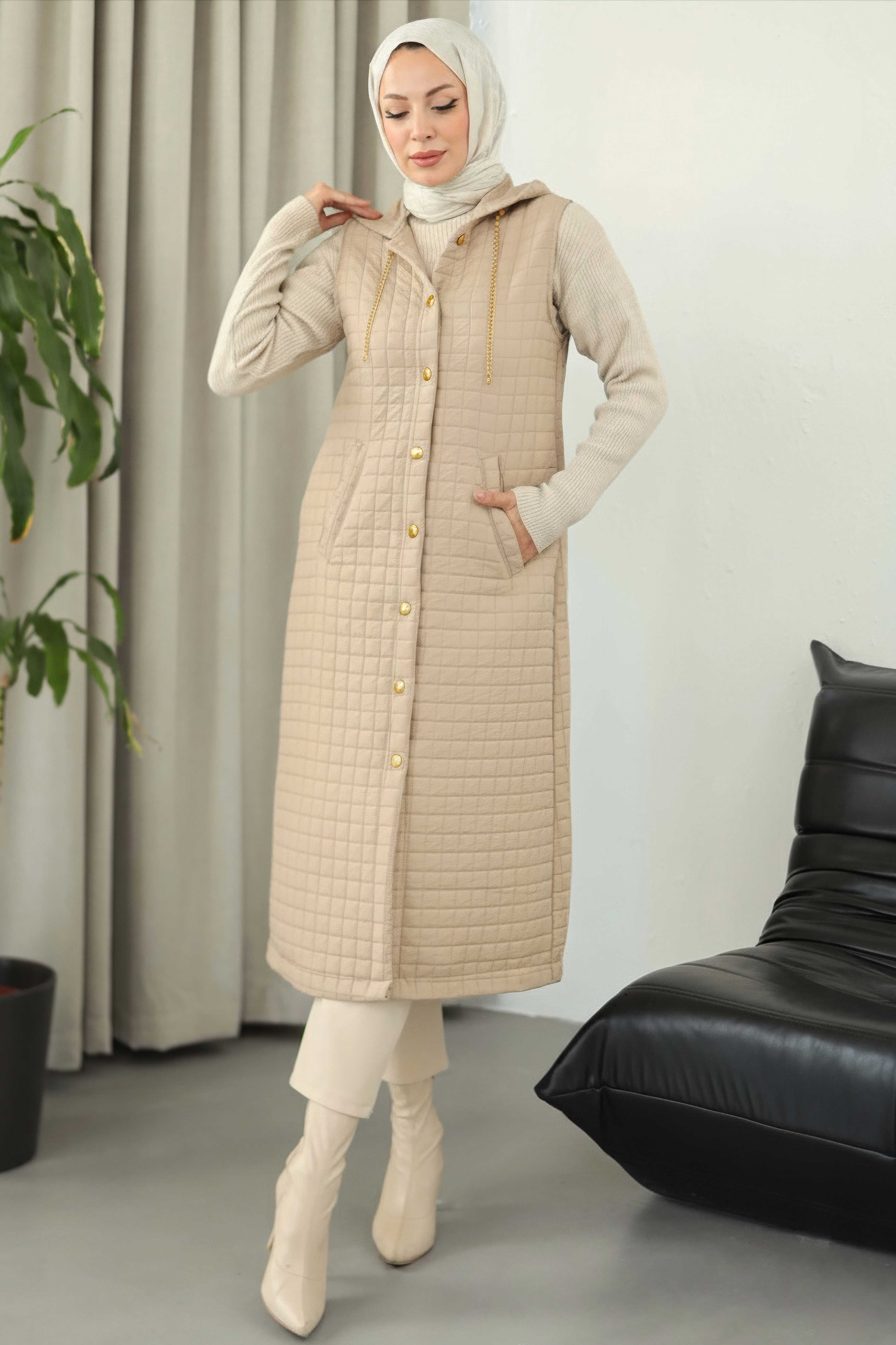 Kapitone Zincirli Yelek - 28145-KREM - 2