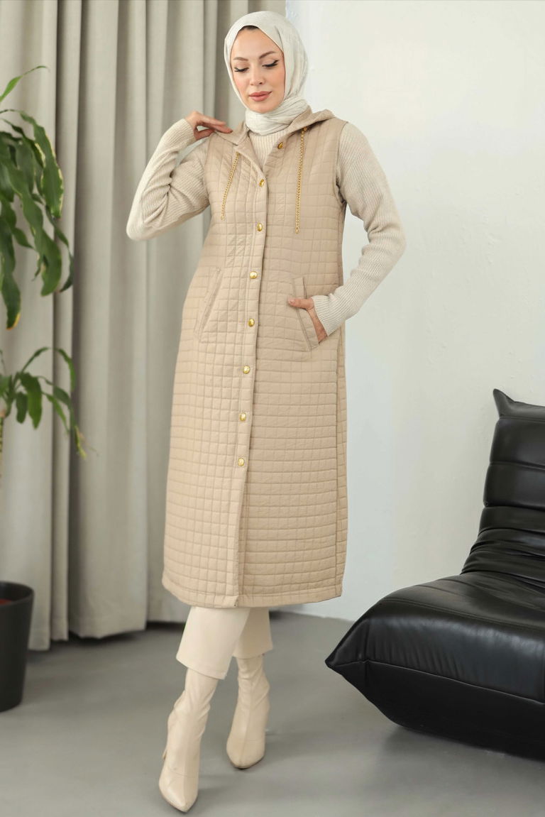 Kapitone Zincirli Yelek - 28145-KREM - TOFİSA