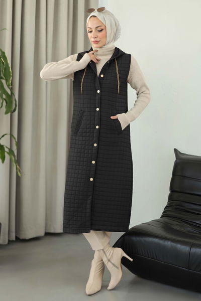 Kapitone Zincirli Yelek - 28145-SIYAH 