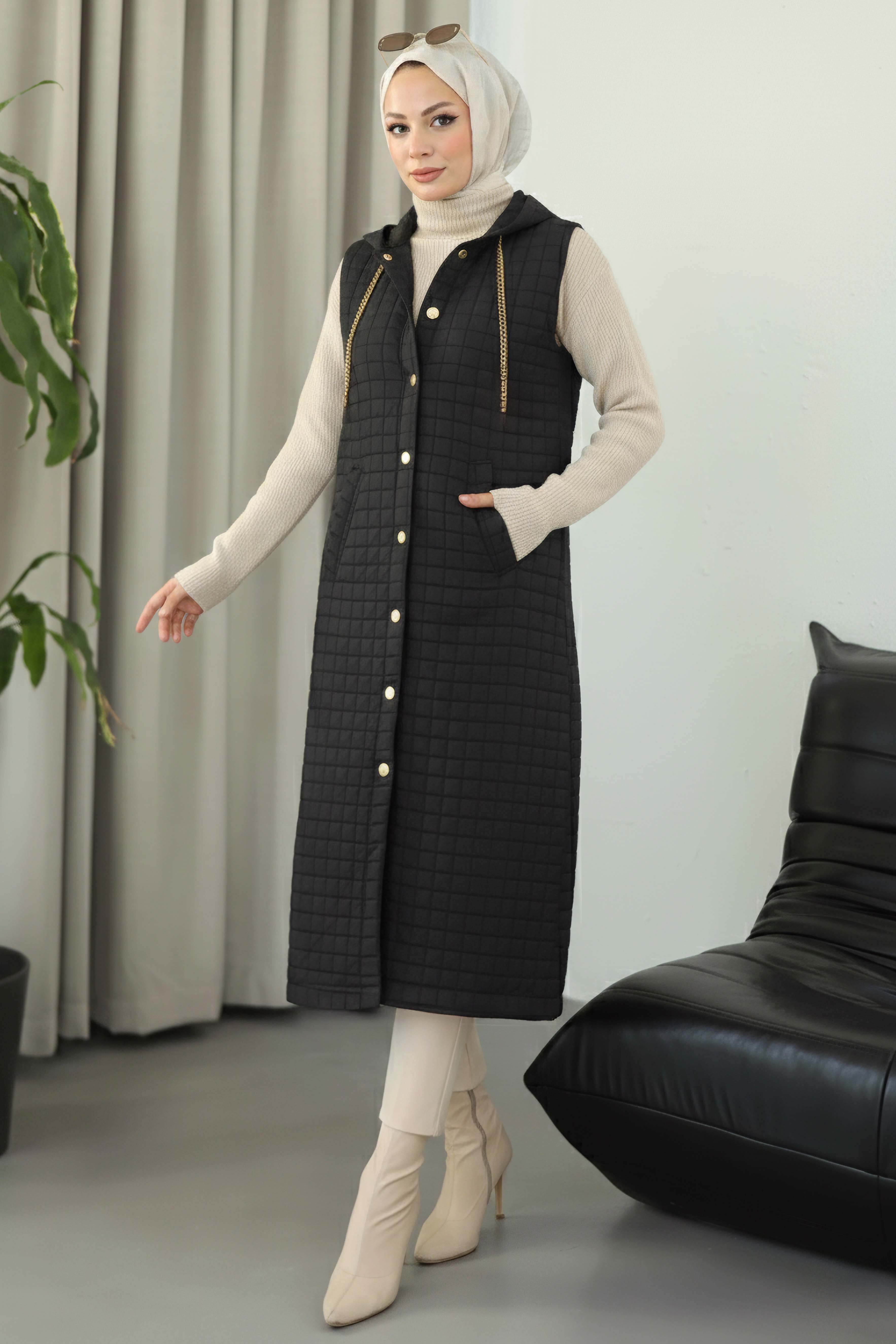 Kapitone Zincirli Yelek - 28145-SIYAH - 2