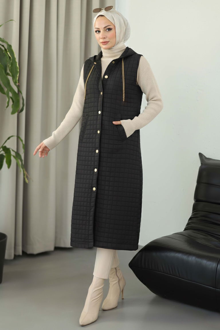 Kapitone Zincirli Yelek - 28145-SIYAH - TOFİSA