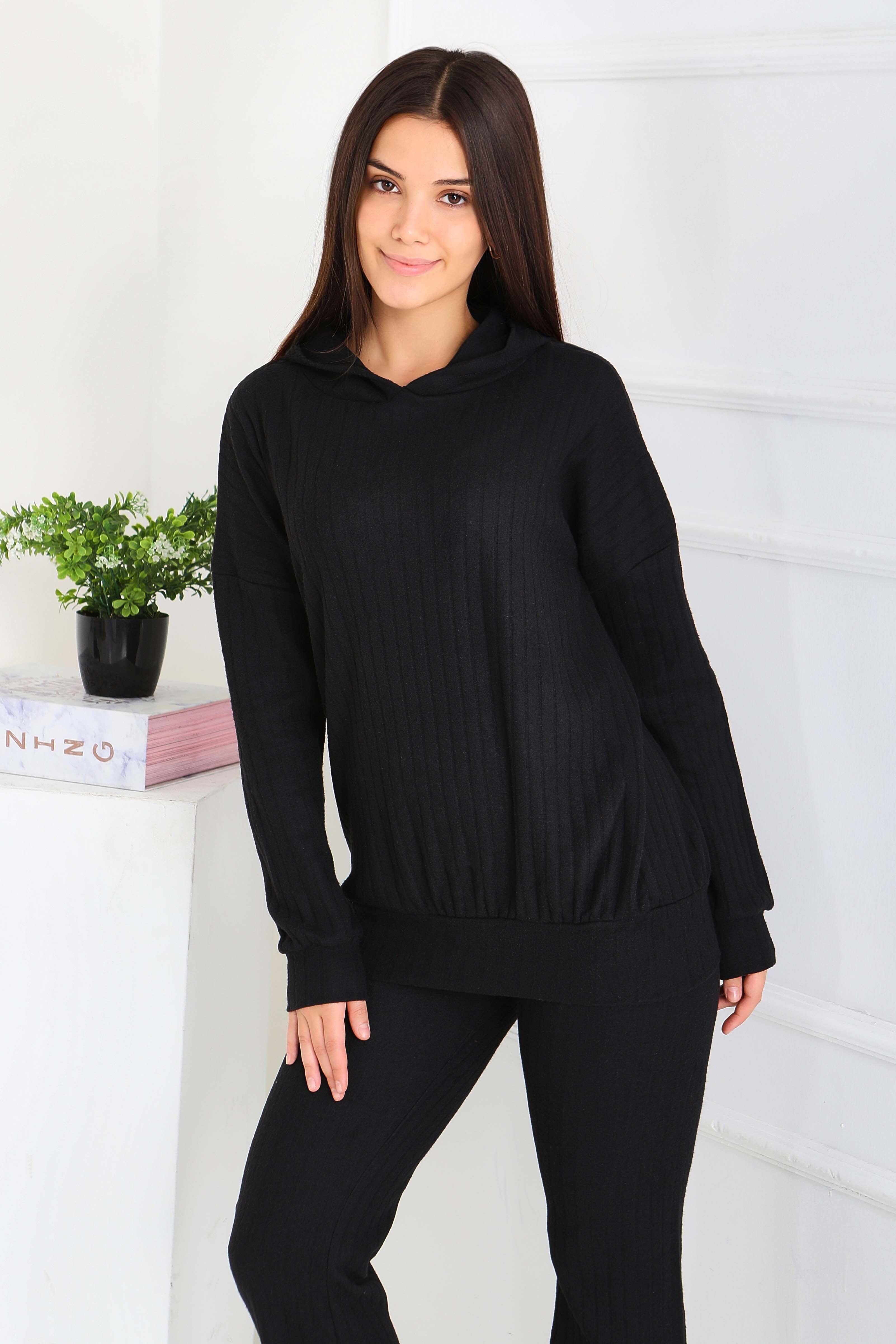 Kapüşonlu Fitilli İkili Takım - 2053-SIYAH - 2