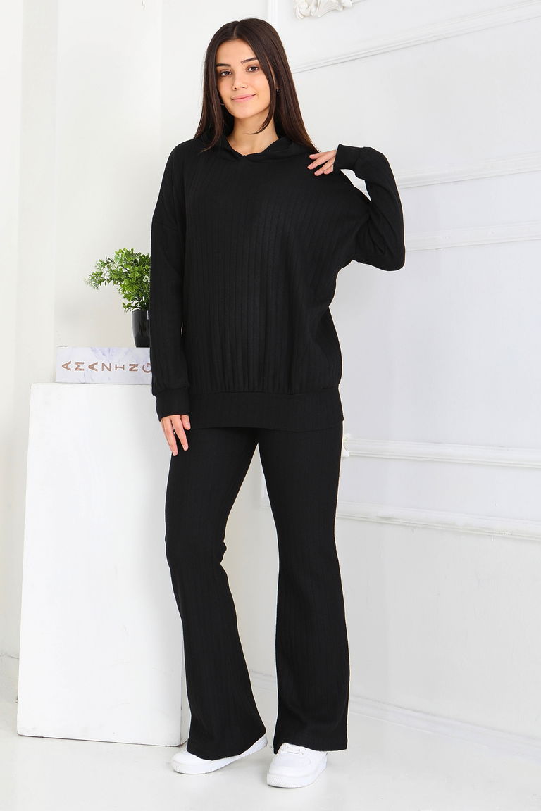Kapüşonlu Fitilli İkili Takım - 2053-SIYAH - TOFİSA