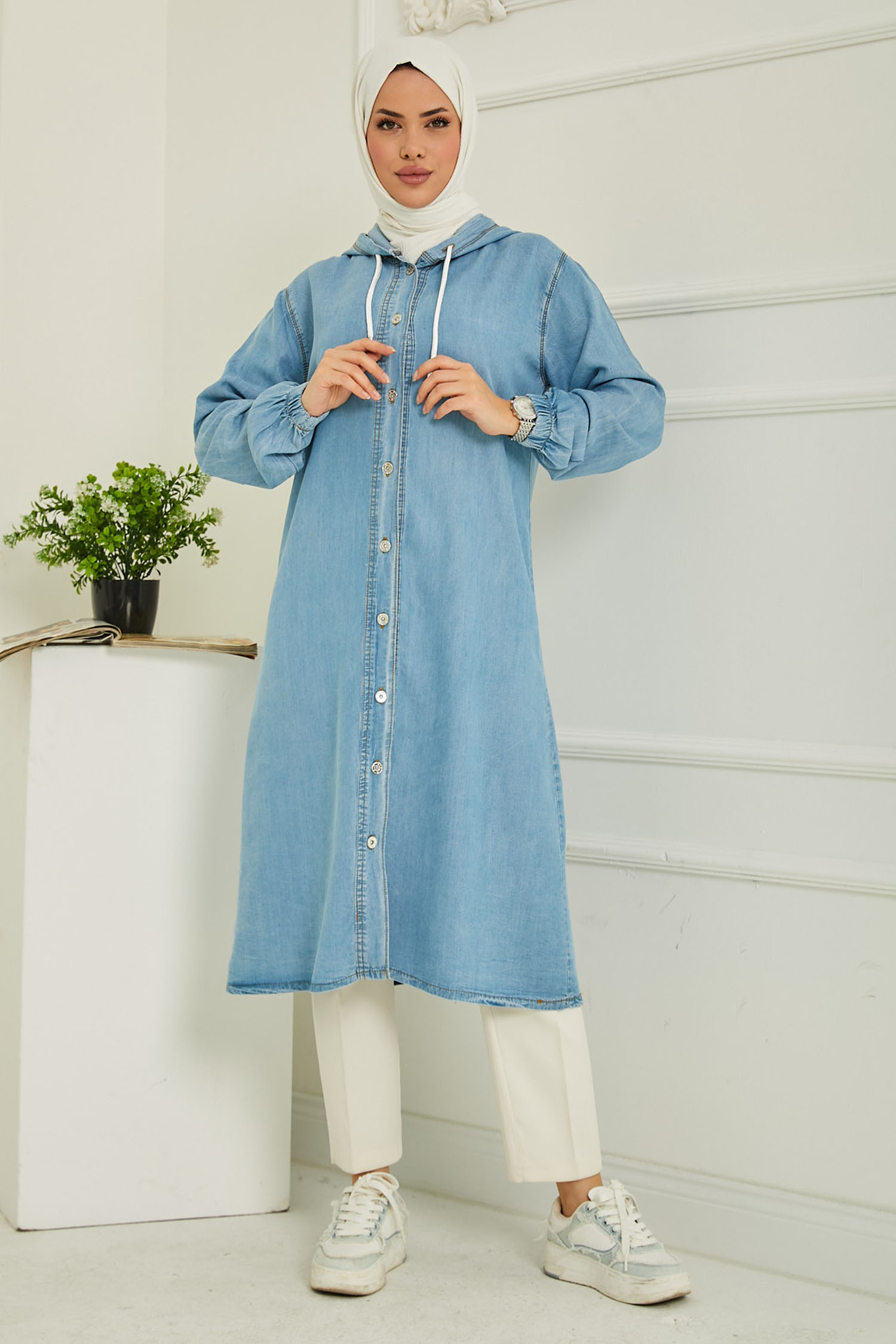 Kapüşonlu Düğmeli Denim Kap Acik Mavi - 26644 - 1