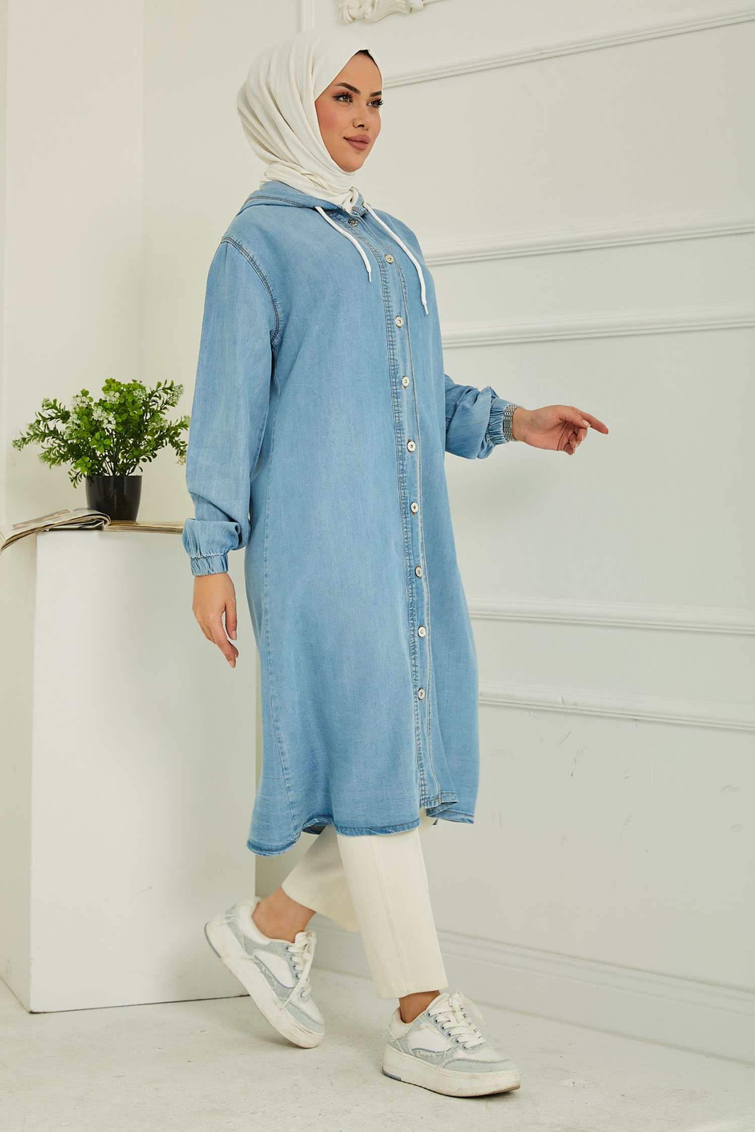 Kapüşonlu Düğmeli Denim Kap Acik Mavi - 26644 - 3