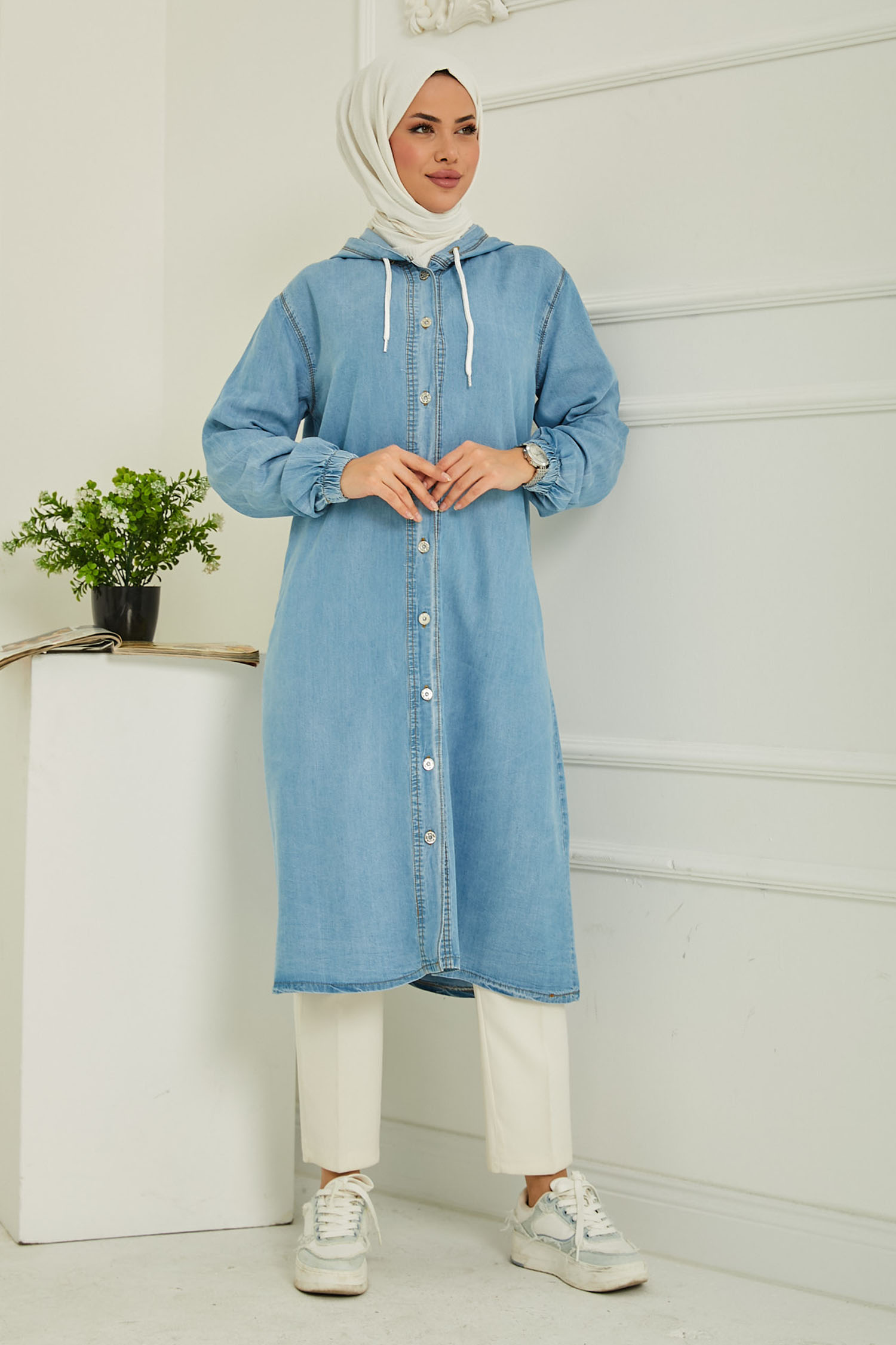 Kapüşonlu Düğmeli Denim Kap Acik Mavi - 26644 - 4