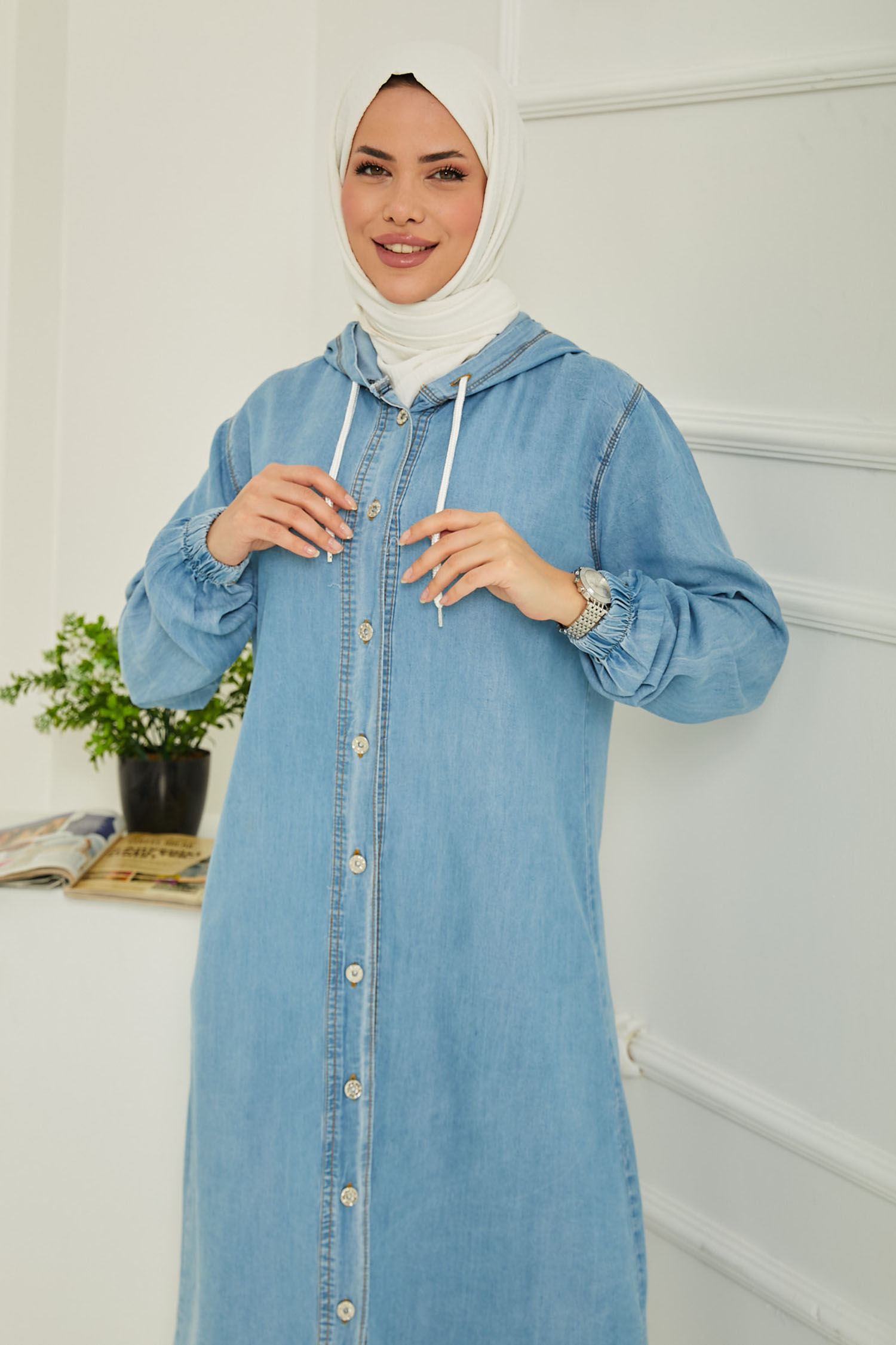 Kapüşonlu Düğmeli Denim Kap Acik Mavi - 26644 - 5