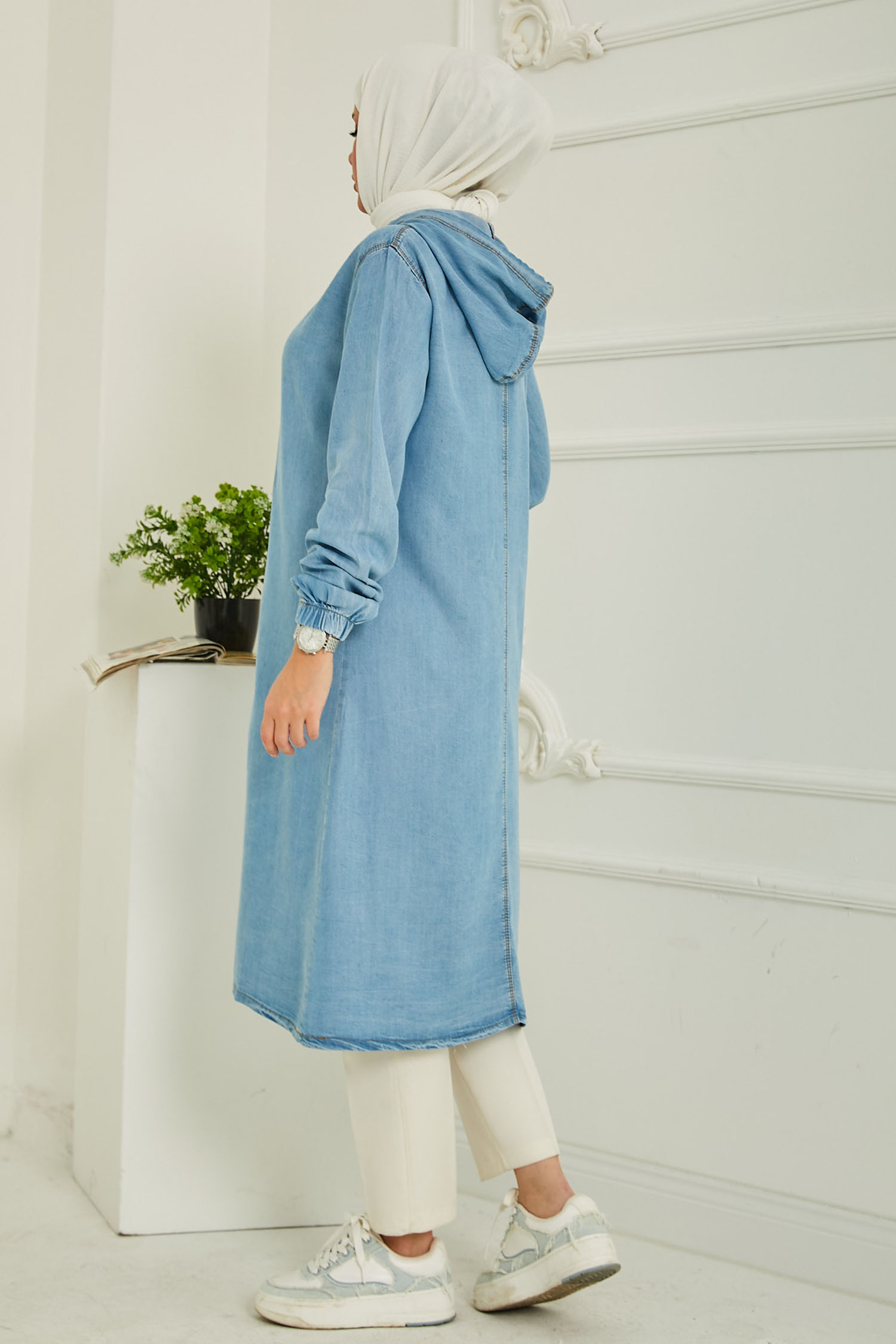Kapüşonlu Düğmeli Denim Kap Acik Mavi - 26644 - 6