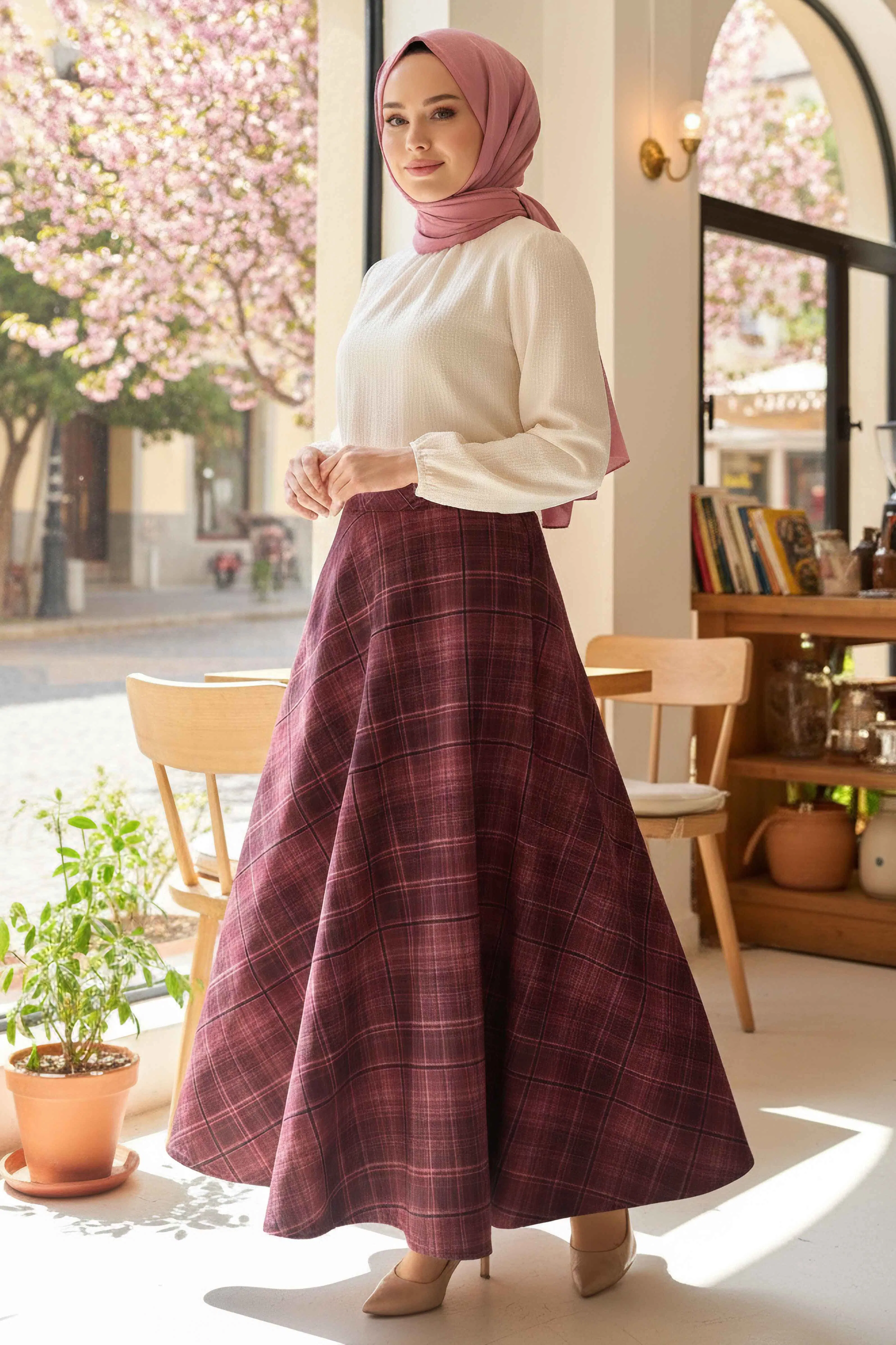 Kare Desenli Çan Etek - 28239-BORDO - 1