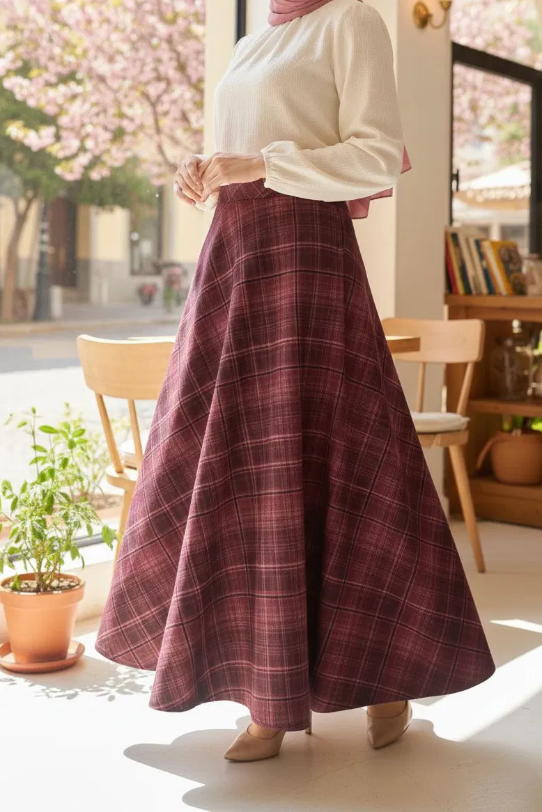 Kare Desenli Çan Etek - 28239-BORDO - 2