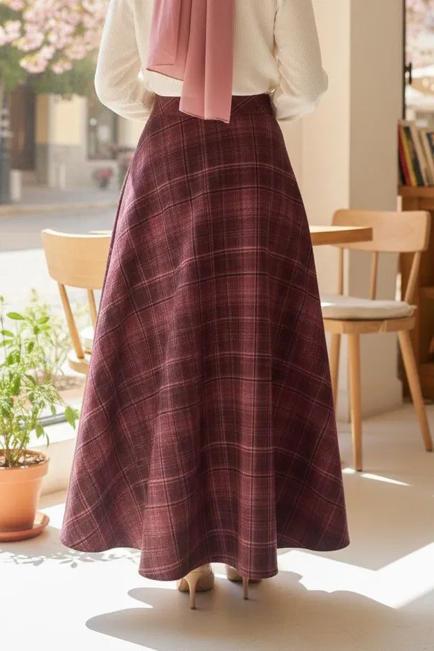 Kare Desenli Çan Etek - 28239-BORDO - 3