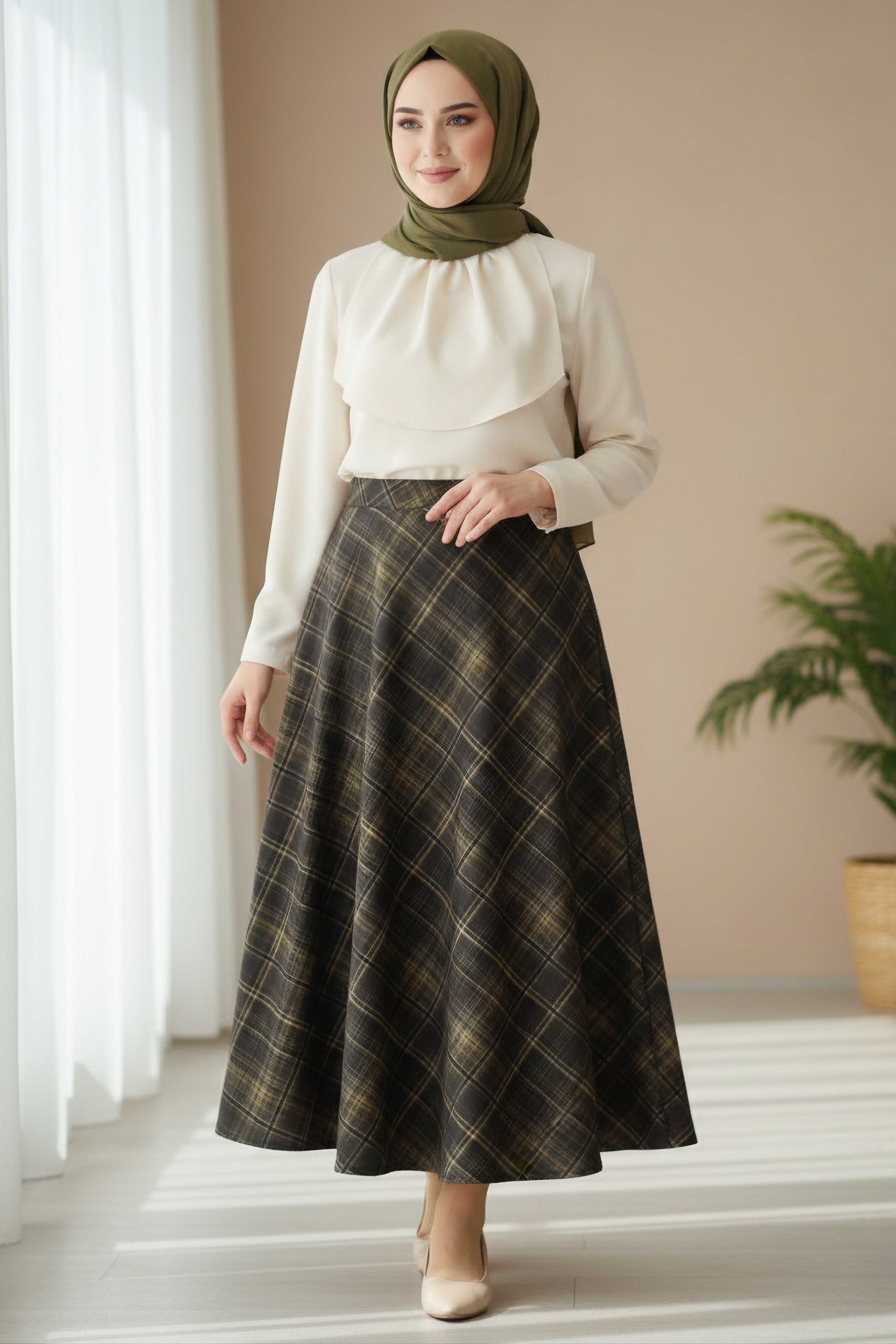 Kare Desenli Çan Etek - 28239-HAKI - 2