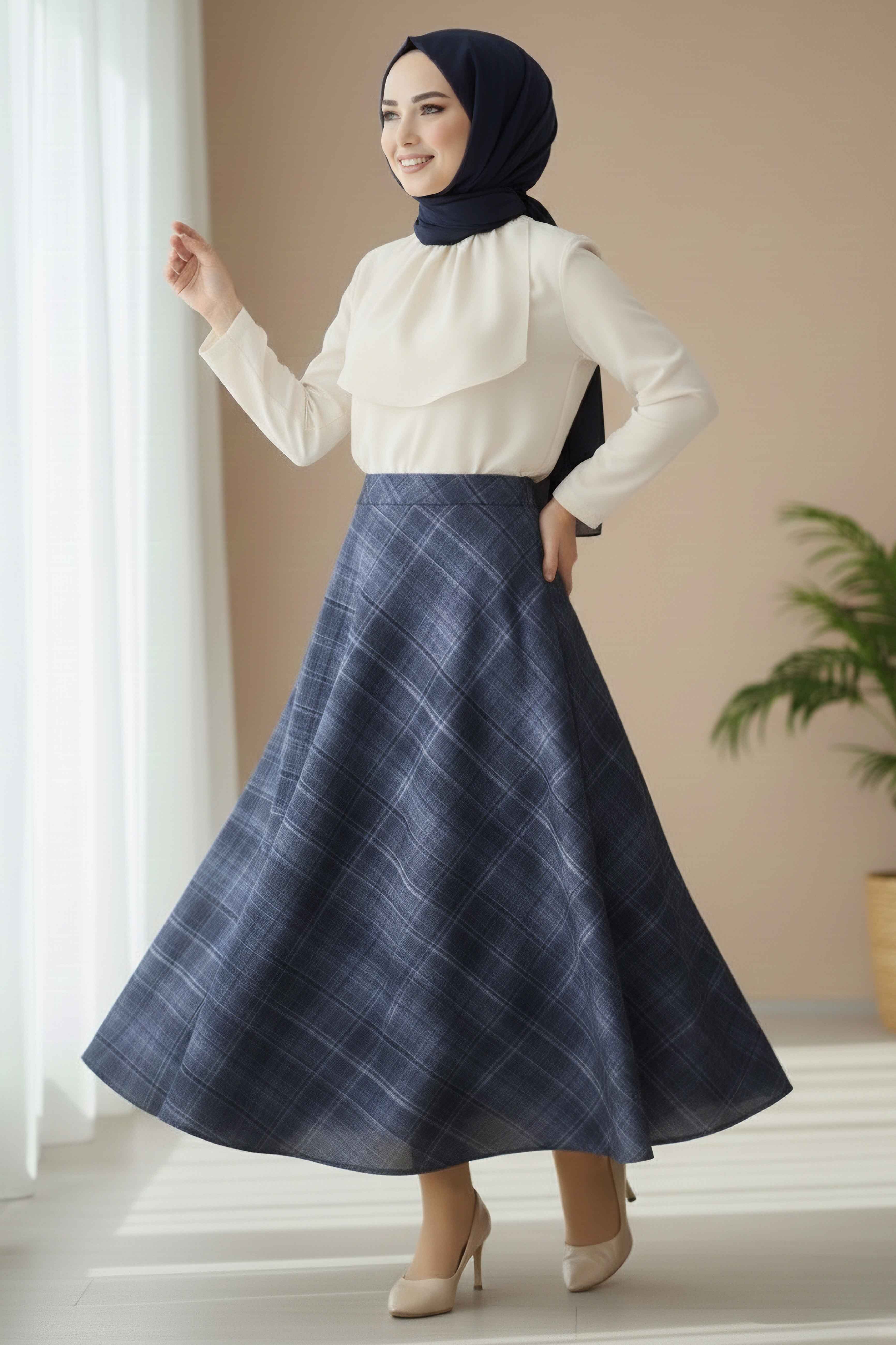 Kare Desenli Çan Etek - 28239-LACIVERT - 1