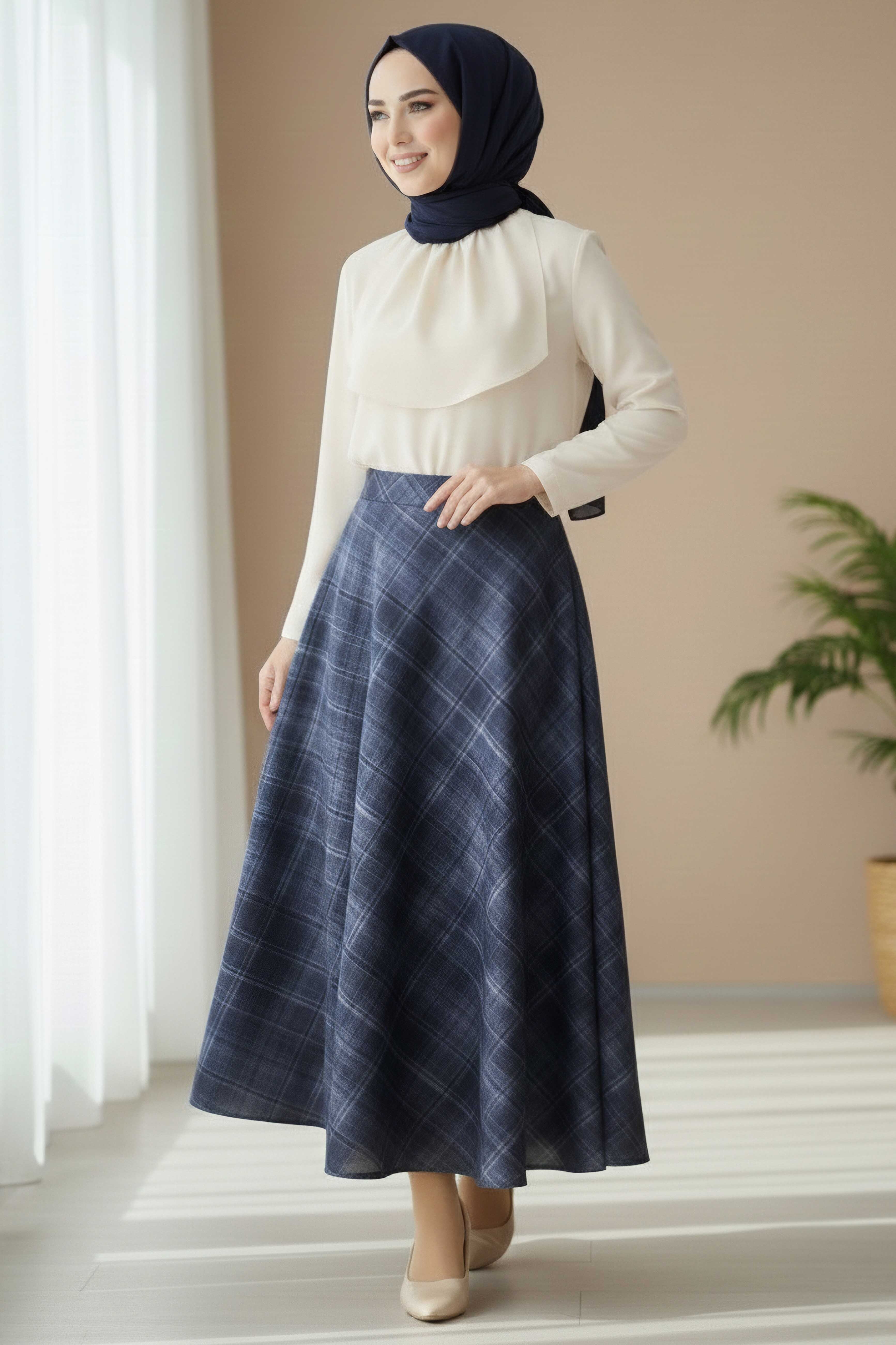 Kare Desenli Çan Etek - 28239-LACIVERT - 2