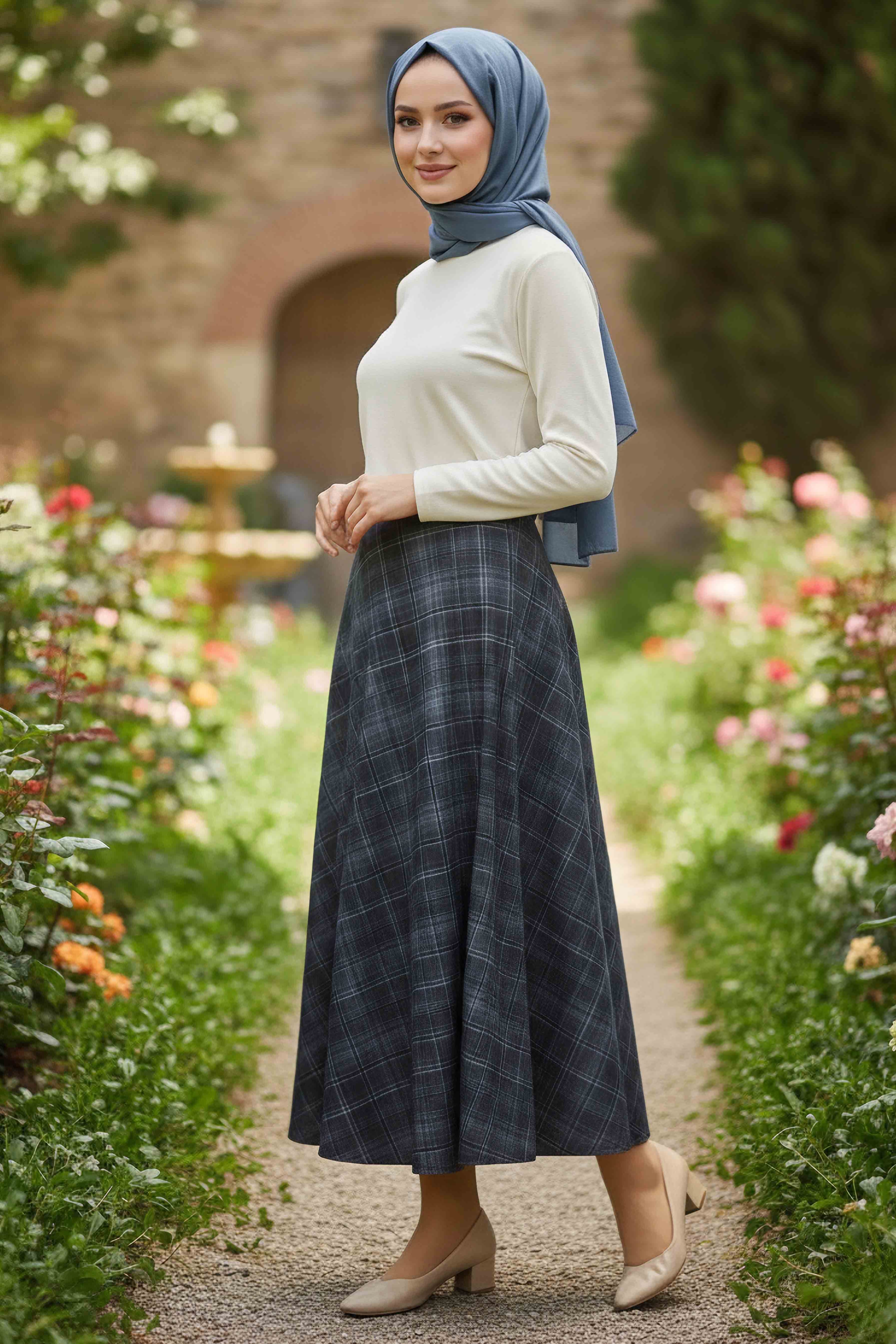 Kare Desenli Çan Etek - 28239-PETROL - 1