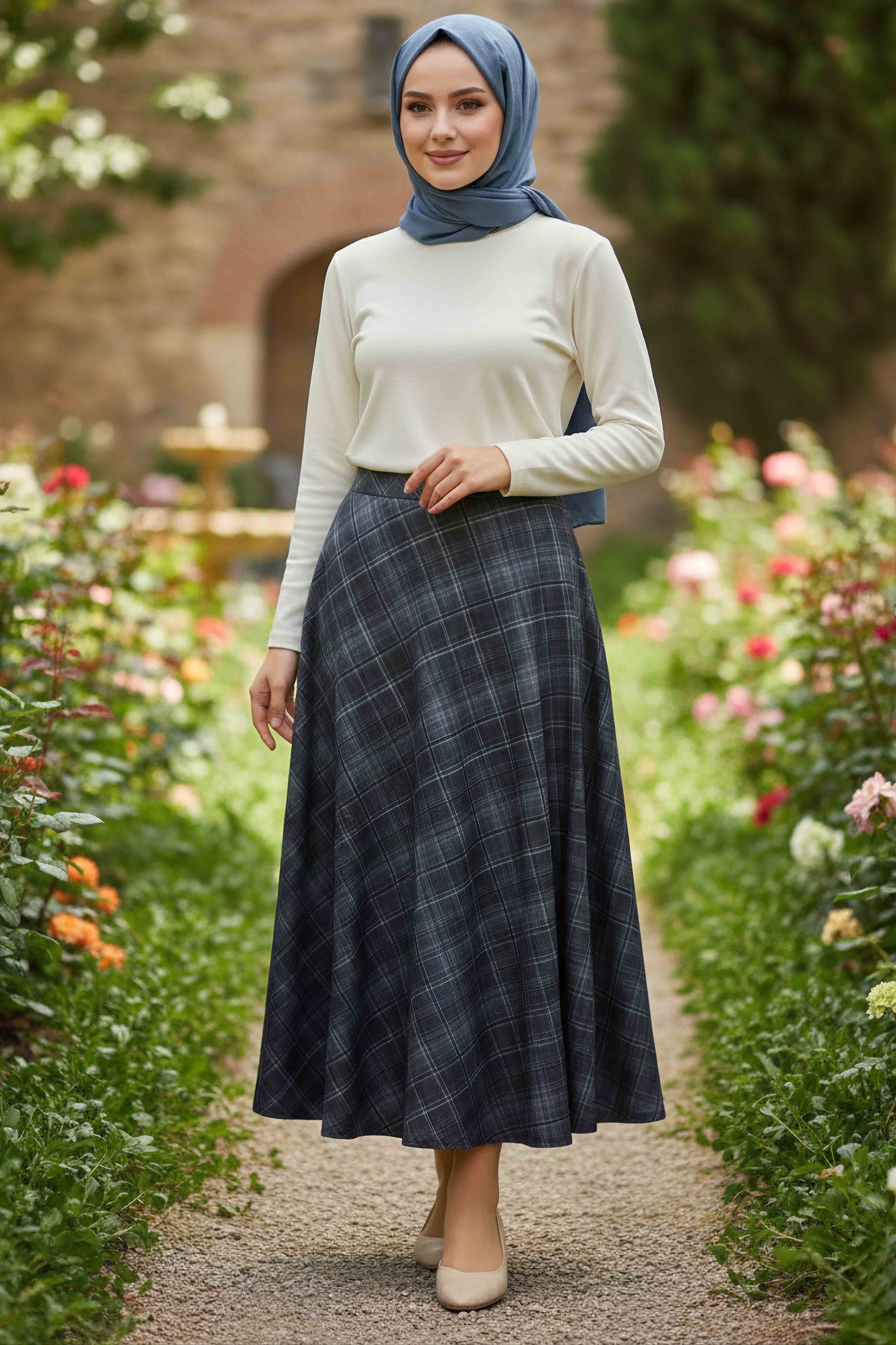 Kare Desenli Çan Etek - 28239-PETROL - 2